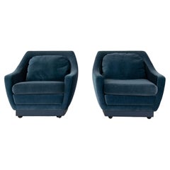Set of Art Deco Style Lounge Chairs in Blue Velvet, the Netherlands