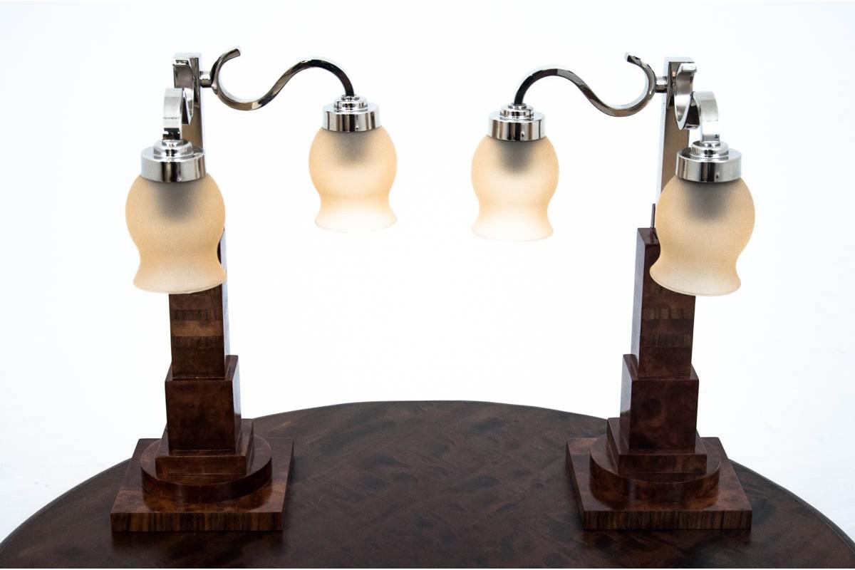 A set of Art Deco lamps
Very good condition, after professional renovation.
dimensions: height 42 cm, width 26 cm, depth 26 cm
The base and wires are new.
European plug.
Excellent condition.
 
