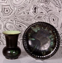 SET of art deco vase + fruit plate ~ both similar green black stunning glace