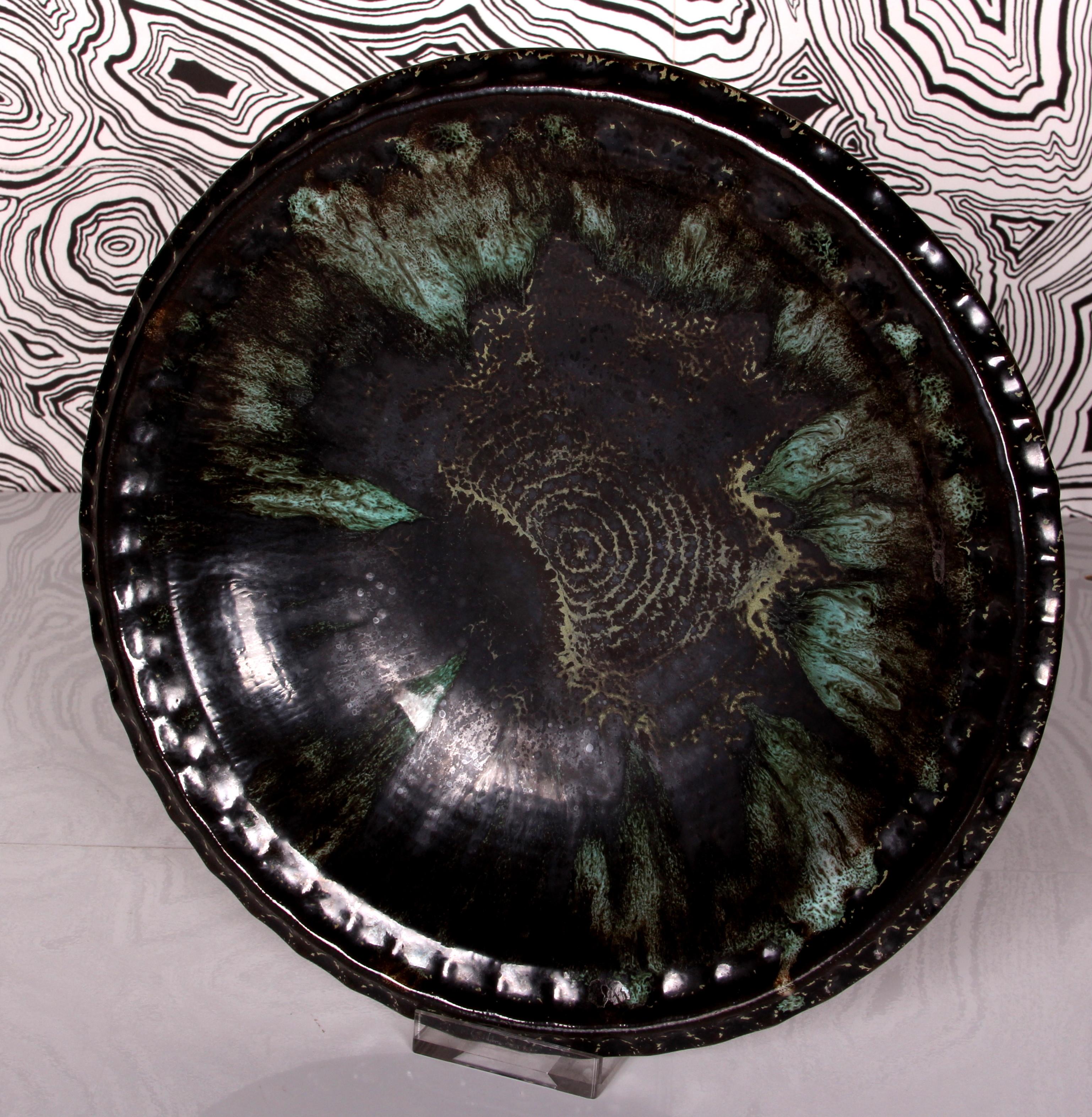 Art Déco SET di vasi art deco + piatto da frutta ~ entrambi simili, verde nero, glaciale in vendita