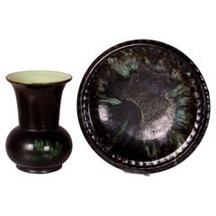 Set aus Art déco-Vase + Obstteller ~ beide ähnlich grüner schwarzer atemberaubender Blendung