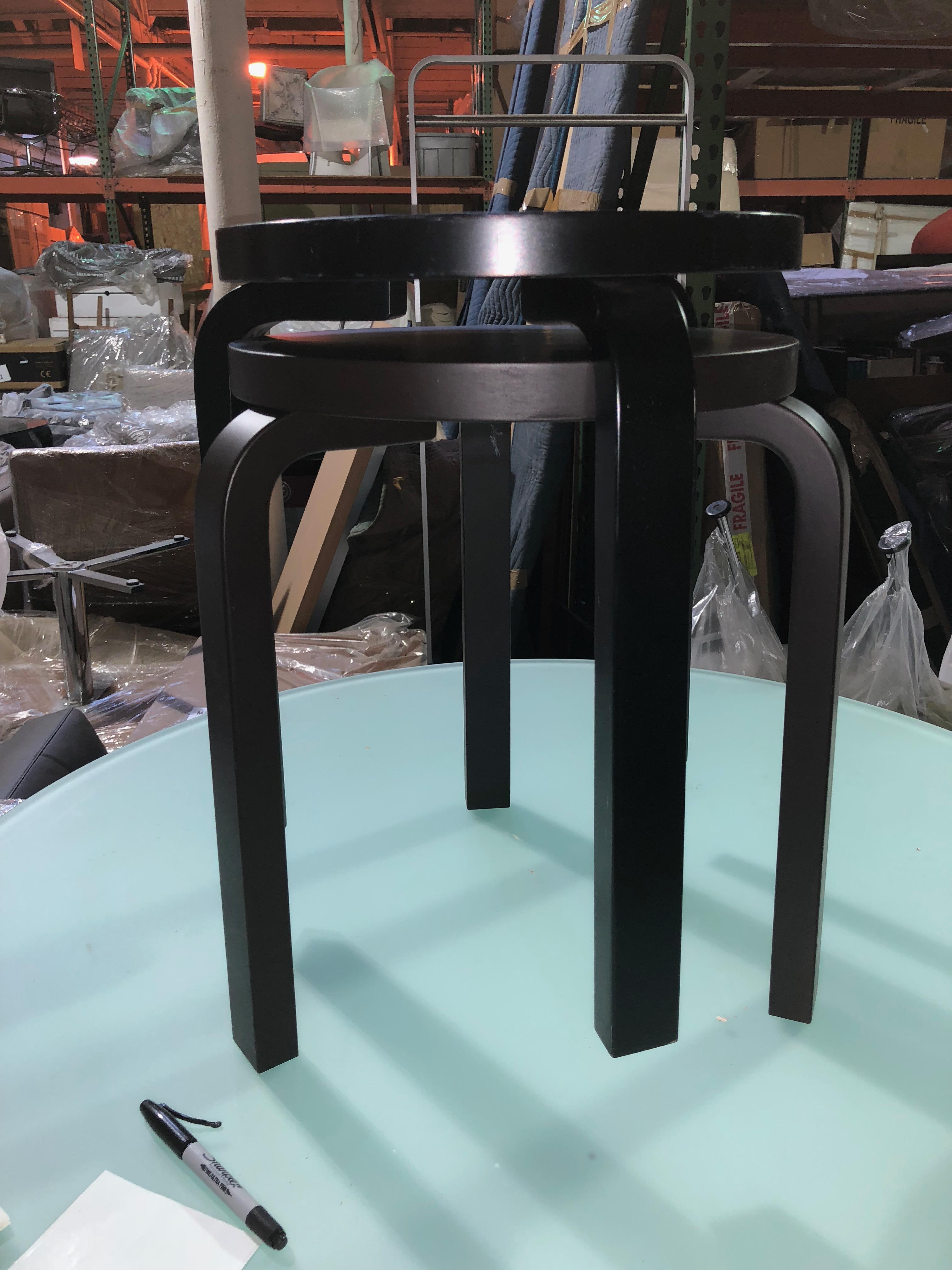 2 stools available, one brown and one black.
Can buy one or both.
Alvar Aalto’s iconic stool 60 is the most elemental of furniture pieces, equally suitable as a seat, a table, storage unit, or display surface. The legs are mounted directly to the