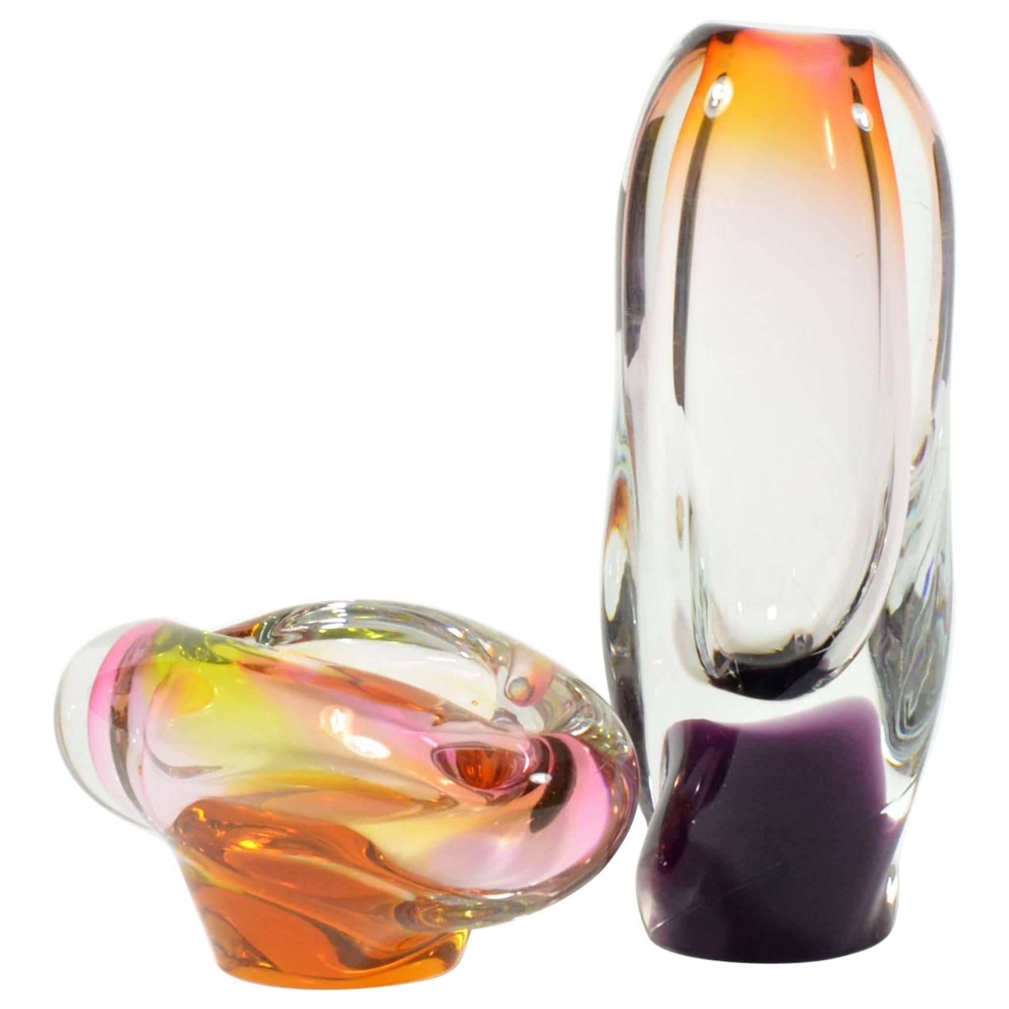 Set of Ashtray and Blown Glass Vase, Czechoslovakia, 1960s For Sale