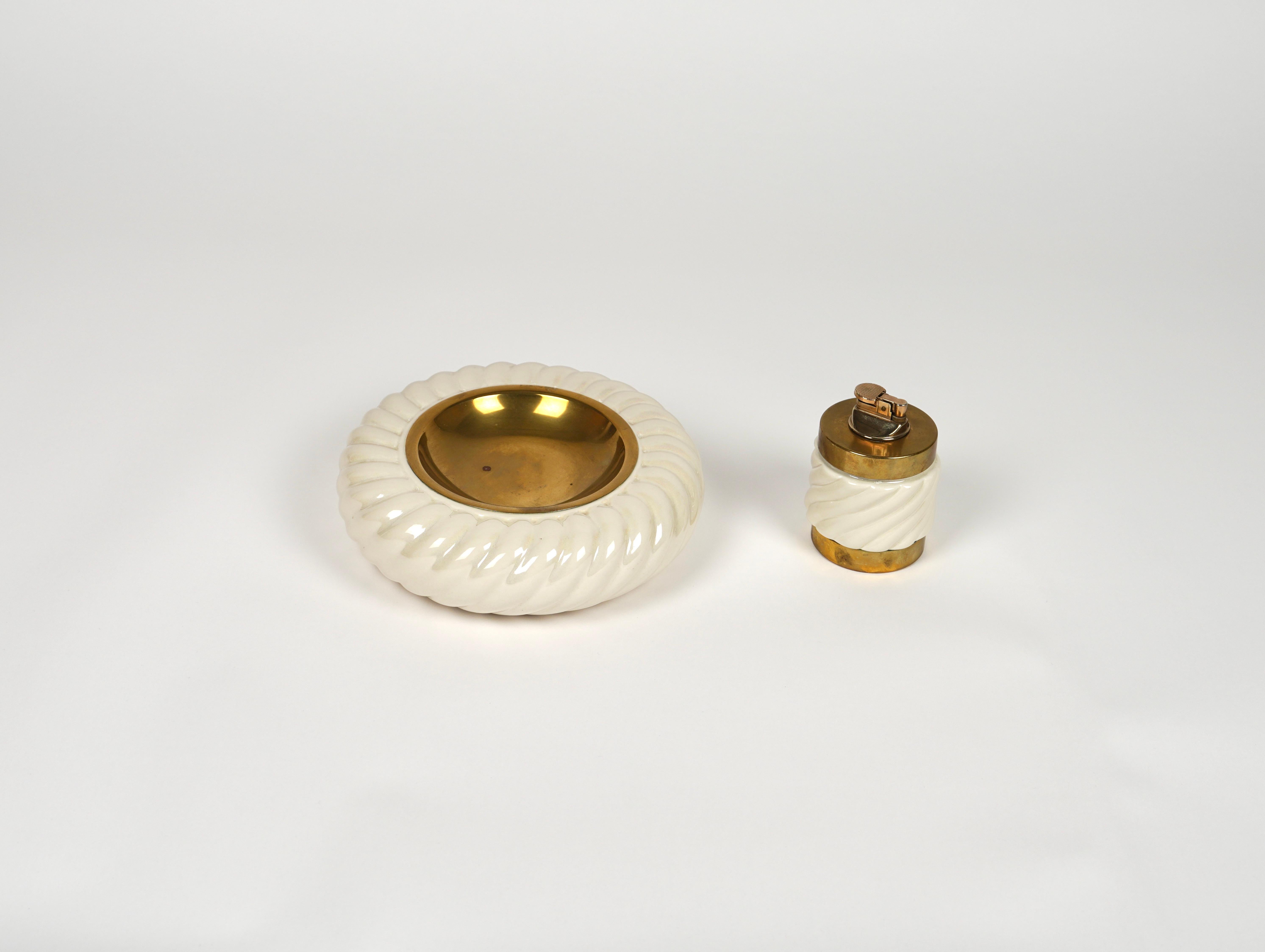 Set of Ashtray and Lighter in Ceramic and Brass by Tommaso Barbi, Italy 1970s For Sale 4