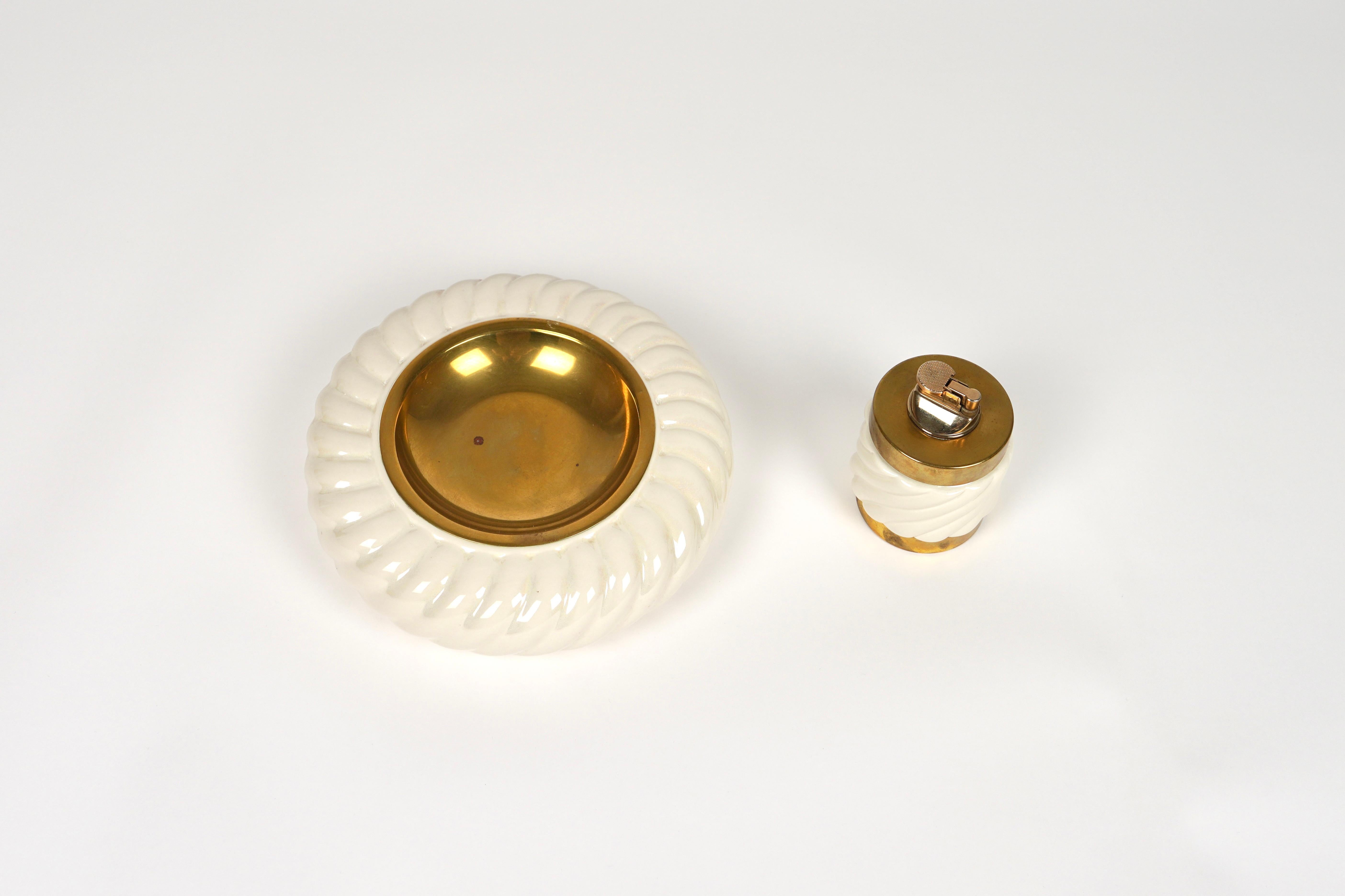 Mid-Century Modern Set of Ashtray and Lighter in Ceramic and Brass by Tommaso Barbi, Italy 1970s For Sale