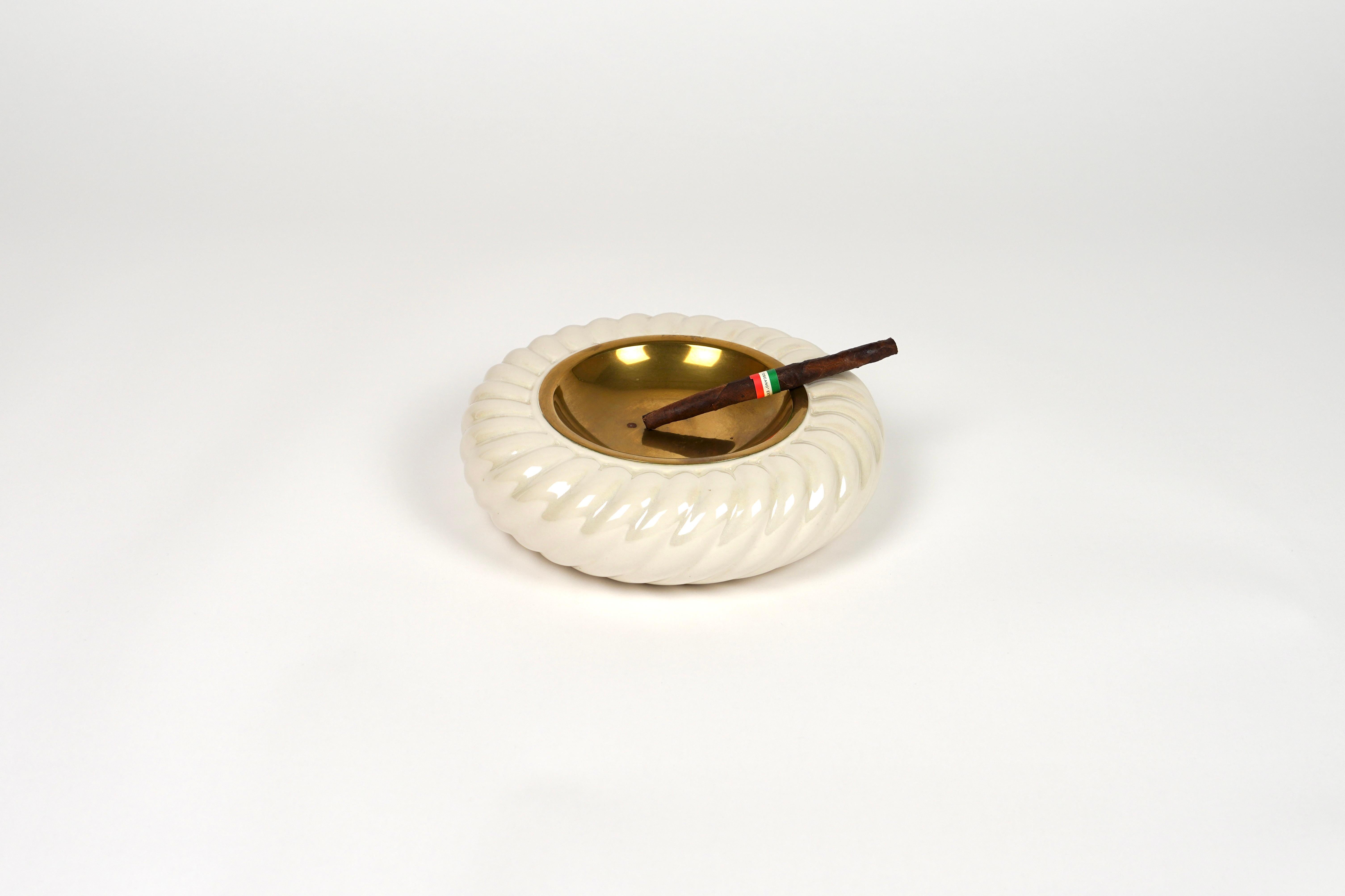 Late 20th Century Set of Ashtray and Lighter in Ceramic and Brass by Tommaso Barbi, Italy 1970s For Sale