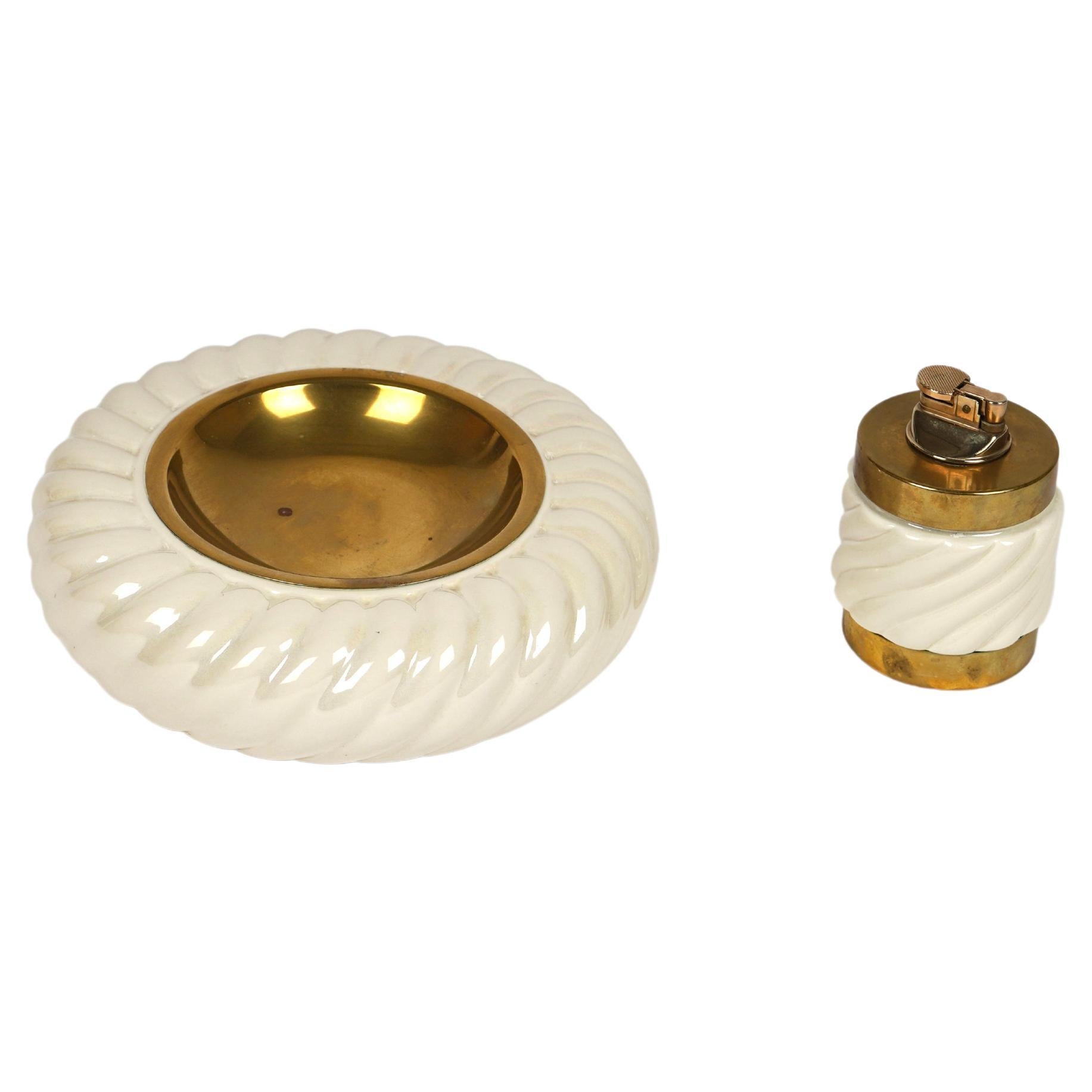 Set of Ashtray and Lighter in Ceramic and Brass by Tommaso Barbi, Italy 1970s For Sale