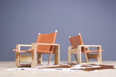 Set of Ate Van Apeldoorn Lounge Chairs in Pine and Leather, Model 'stokkenstoel'
