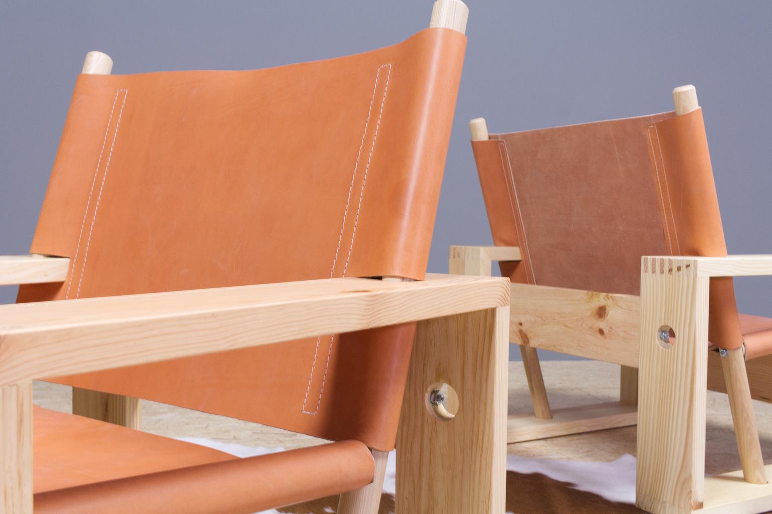 Dutch Set of Ate Van Apeldoorn Lounge Chairs in Pine and Leather, Model 'stokkenstoel' For Sale