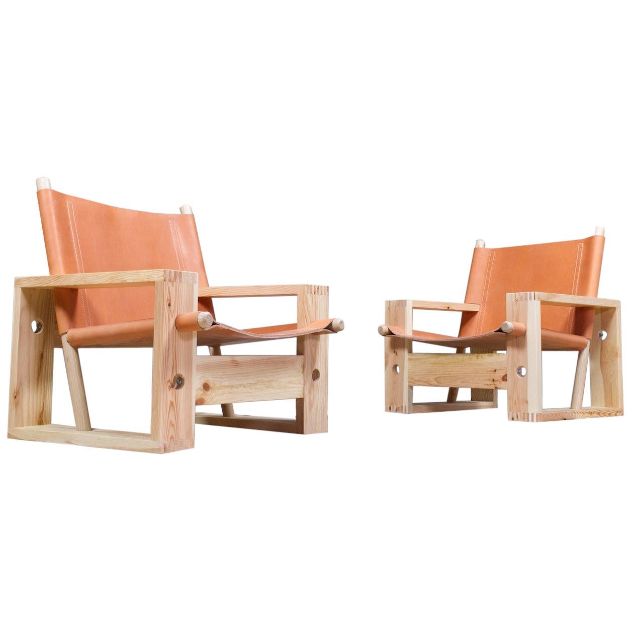 Set of Ate Van Apeldoorn Lounge Chairs in Pine and Leather, Model 'stokkenstoel' For Sale