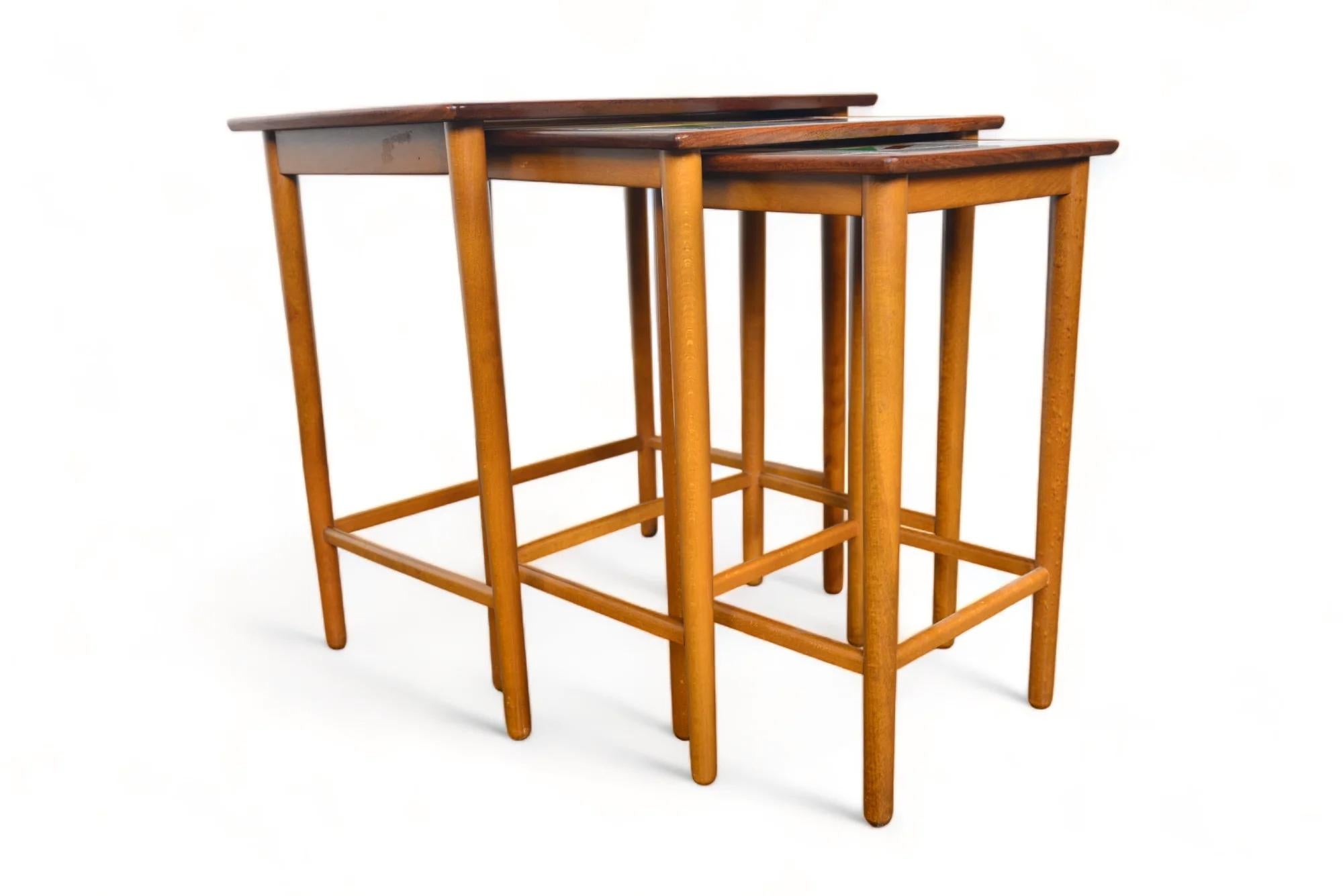 Set Of Atomic Teak Nesting Table With Tile Tops In Good Condition In Berkeley, CA
