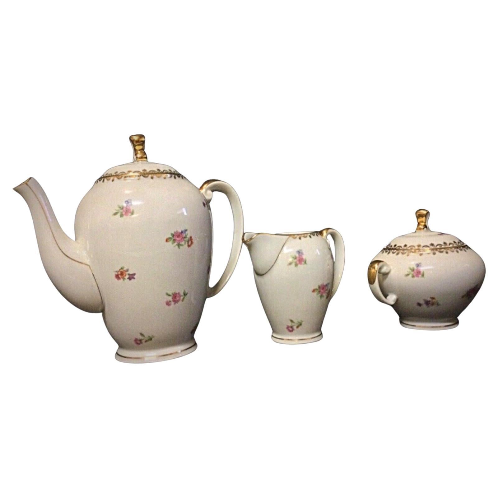 Juego de cafetera, jarra y azucarero auténticos de porcelana S.E.R France - 2Y48