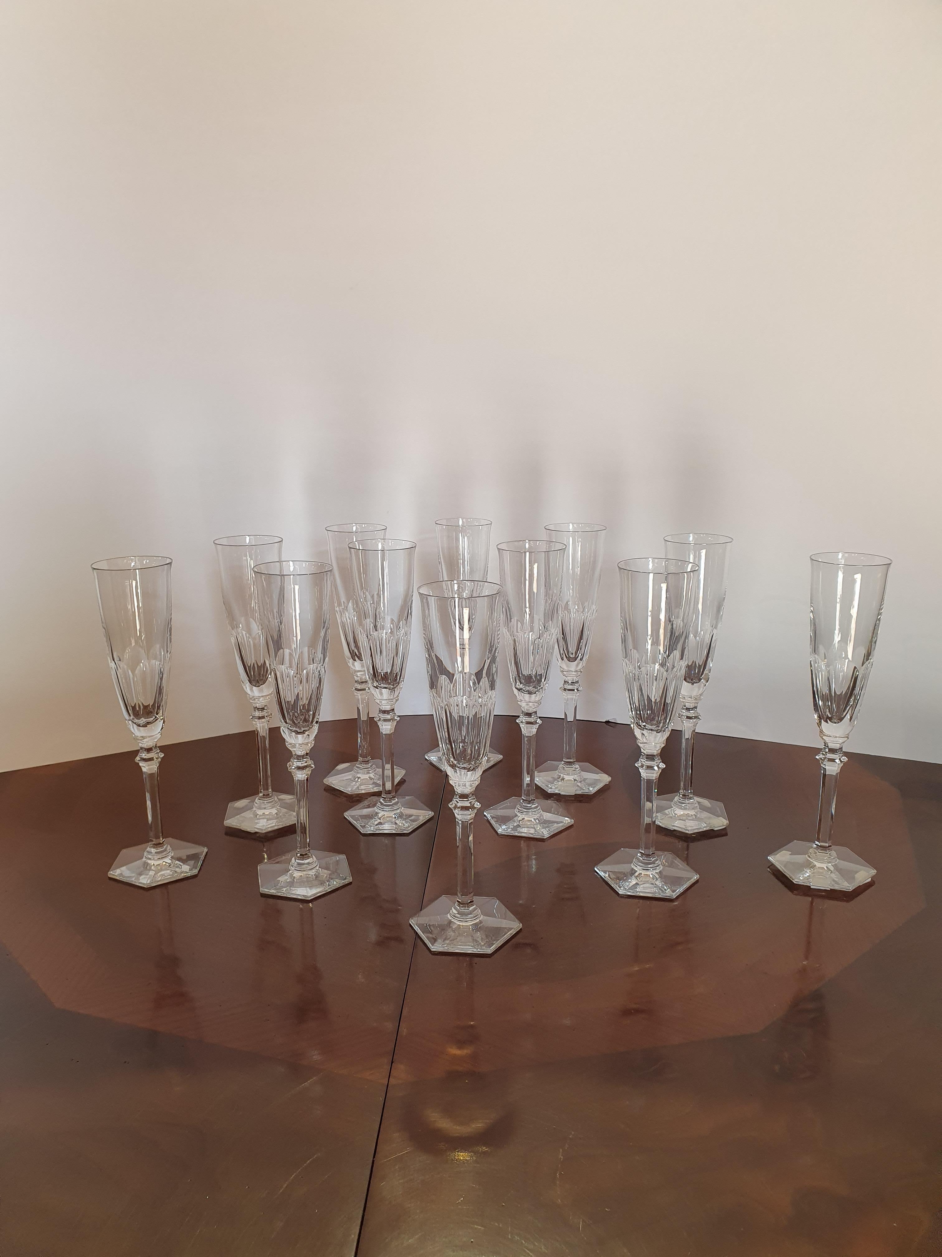 French Set of Baccarat Crystal 12 Champagne Flutes 