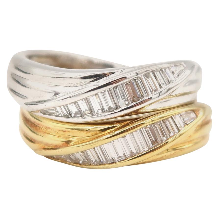 Set of Baguette Diamond Wave Fluted 18 Karat White and Yellow Gold Band Rings For Sale