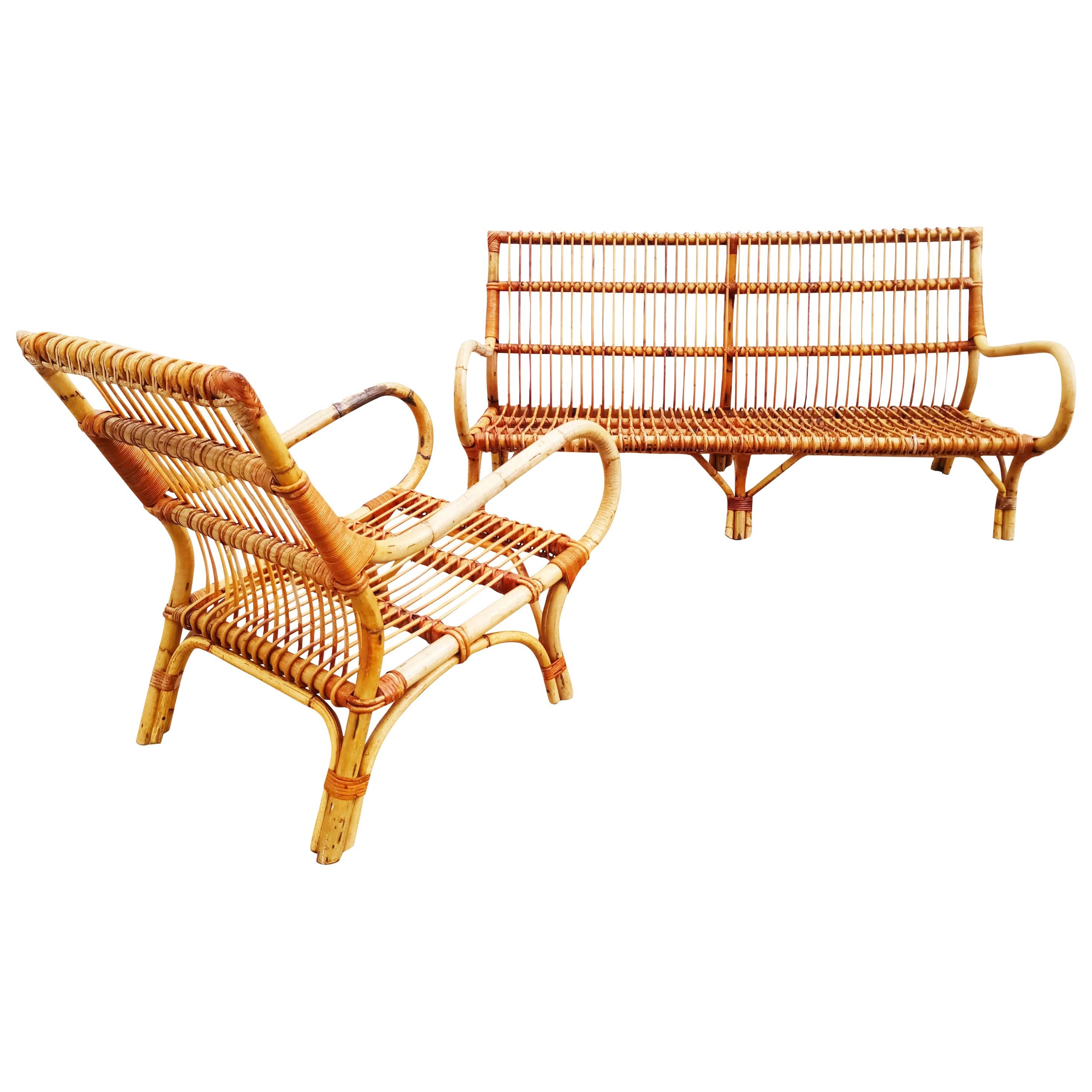 Set of Bamboo and Rattan Armchair and Sofa, Italy, 1960s
