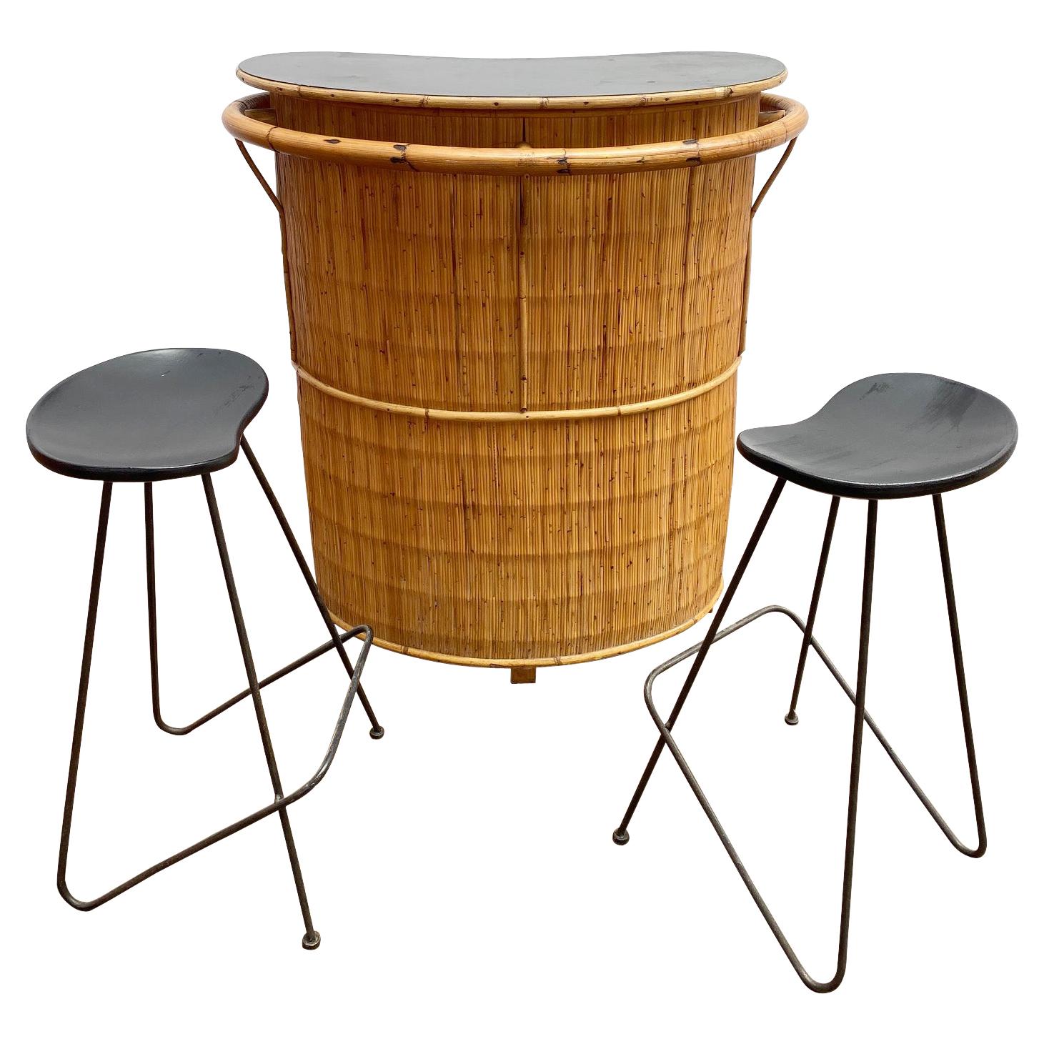 Mid-Century Modern Set of Bamboo Bar and 2 High Stools, 1960s