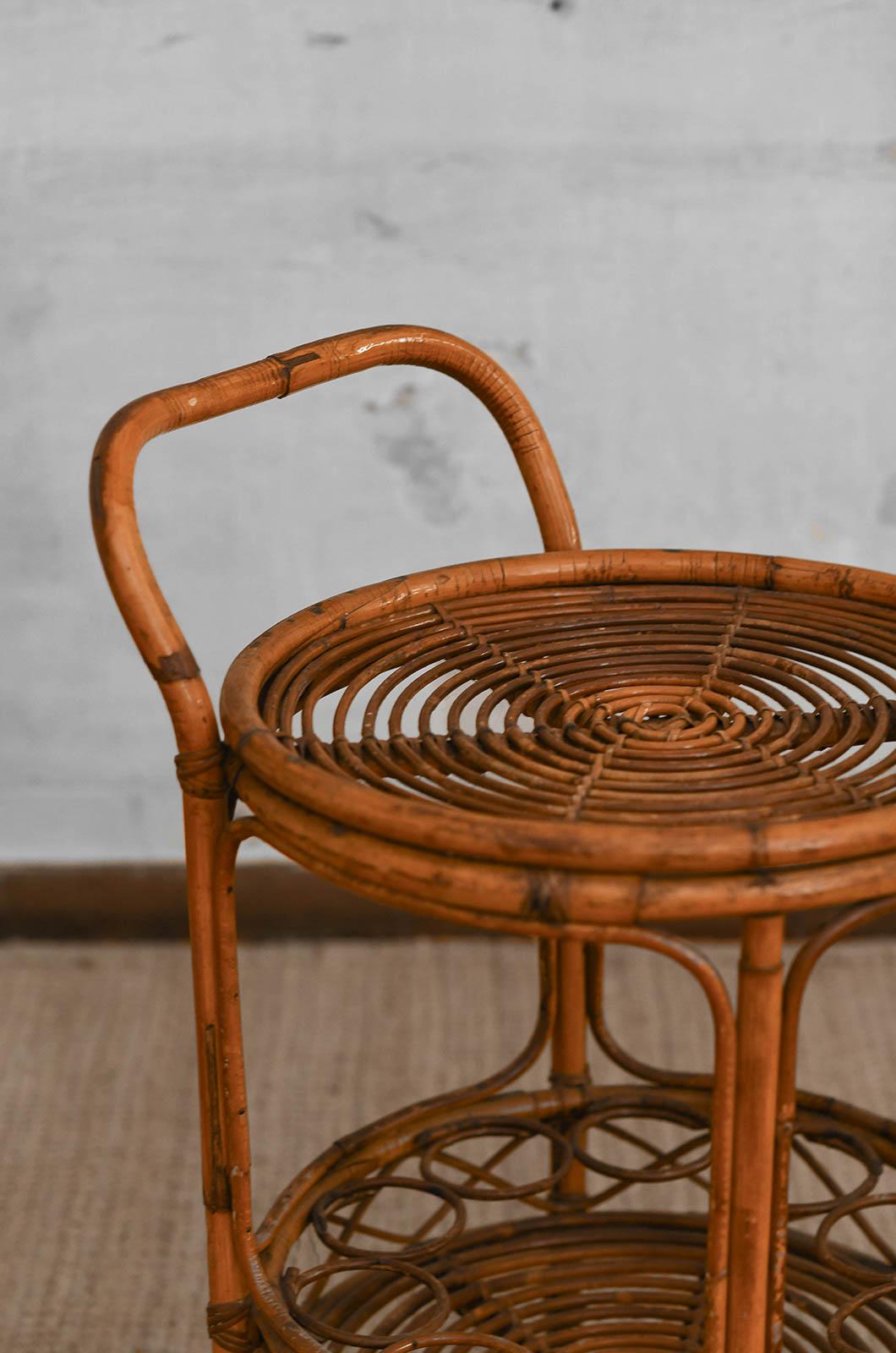 Mid-20th Century Set of bamboo cane cart and circular side table, 1960s For Sale