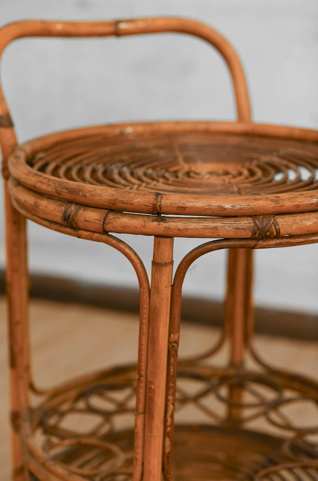 Bamboo Set of bamboo cane cart and circular side table, 1960s For Sale