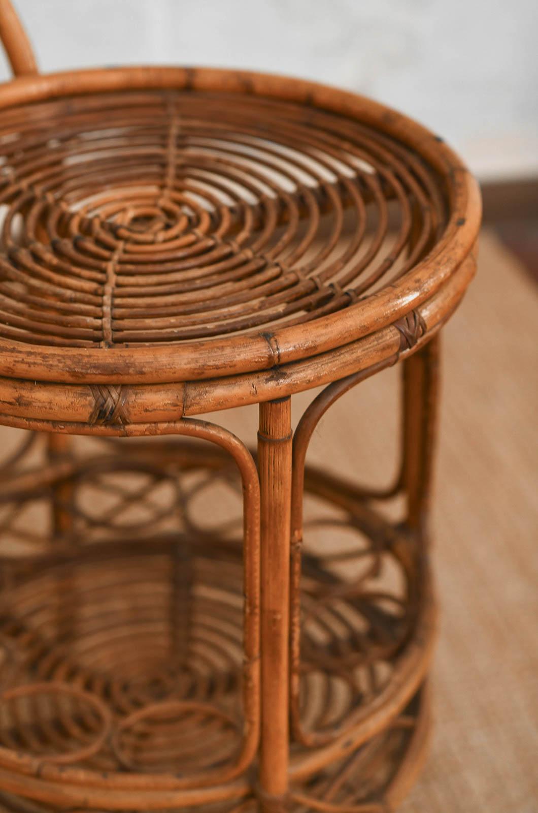 Set of bamboo cane cart and circular side table, 1960s For Sale 1