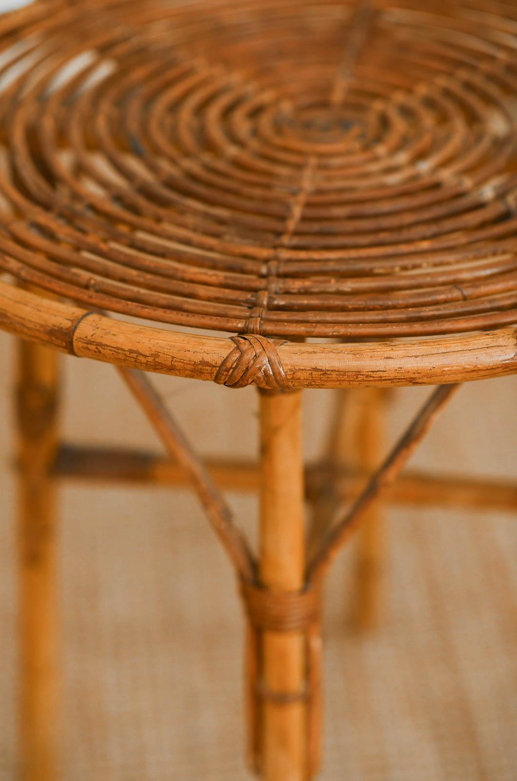 Set of bamboo cane cart and circular side table, 1960s For Sale 3