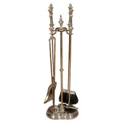 Antique Set of Baroque Revival Silvered Brass Firetools