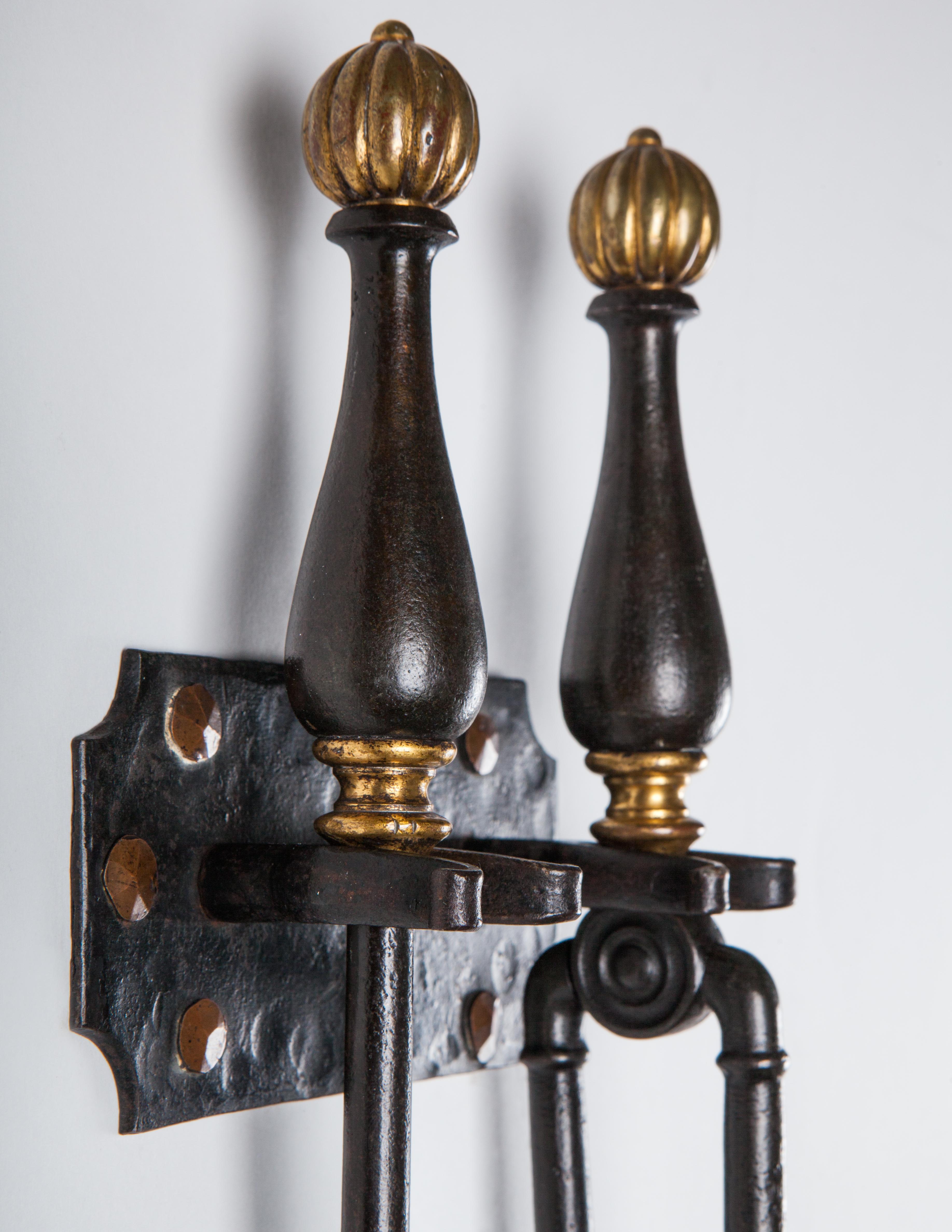 Blackened Set of Baroque Wrought Iron Fireplace Tools by Sterling Bronze Co., circa 1930