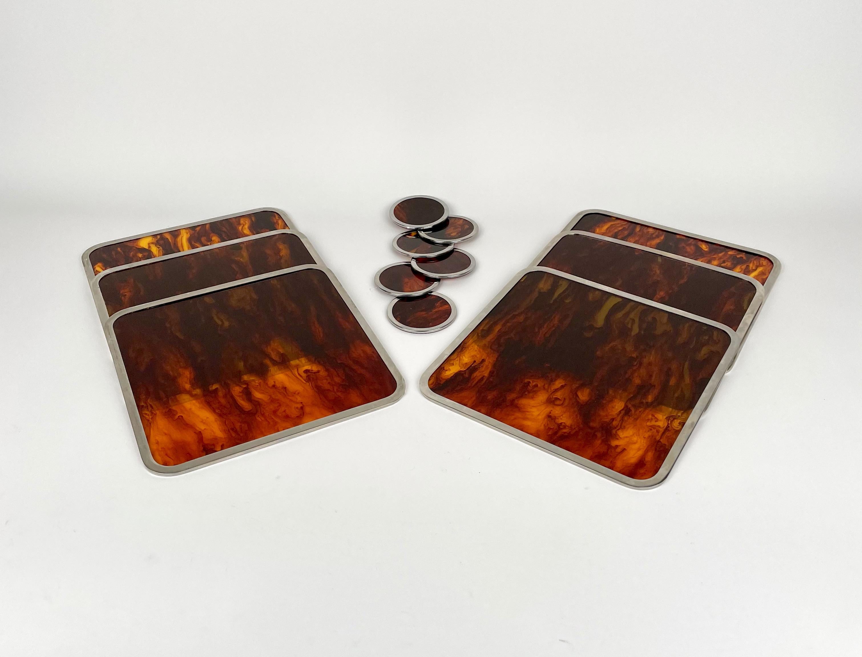 Mid-Century Modern Set of Barware Coaster and Placemats Lucite & Chrome Christian Dior, Italy 1970s