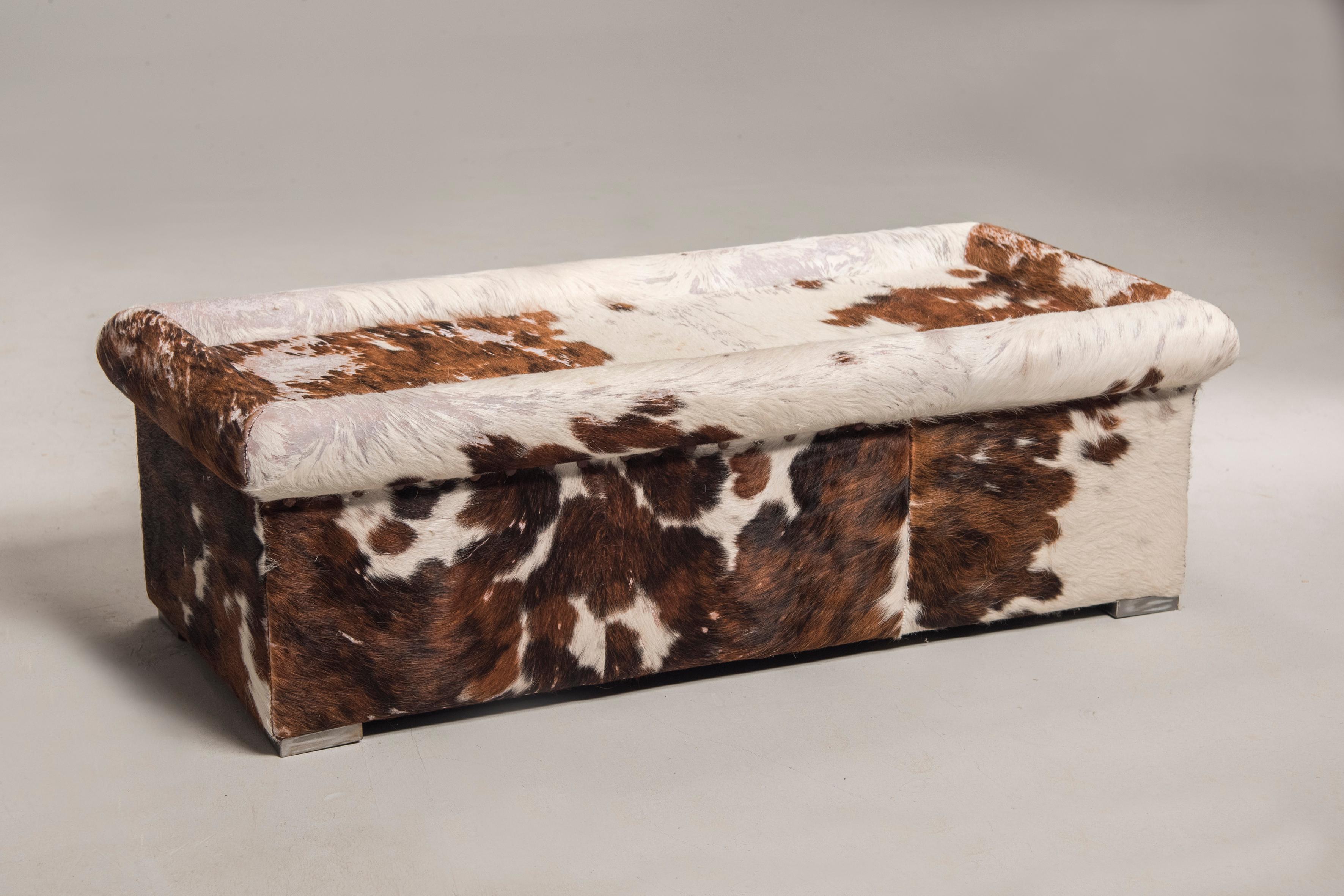 Late 20th Century Set of Baxter Brown and White Cow Fur Leather Sofa and Ottoman, Italy, 1990s