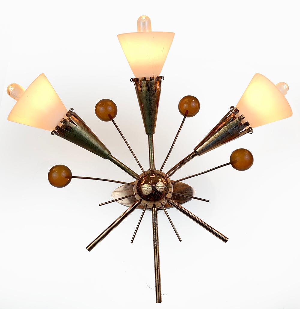 Mid-Century Modern stilnovo style sconces in brass
Each having three white glass shades
Can be shipped and wired for US or European use.