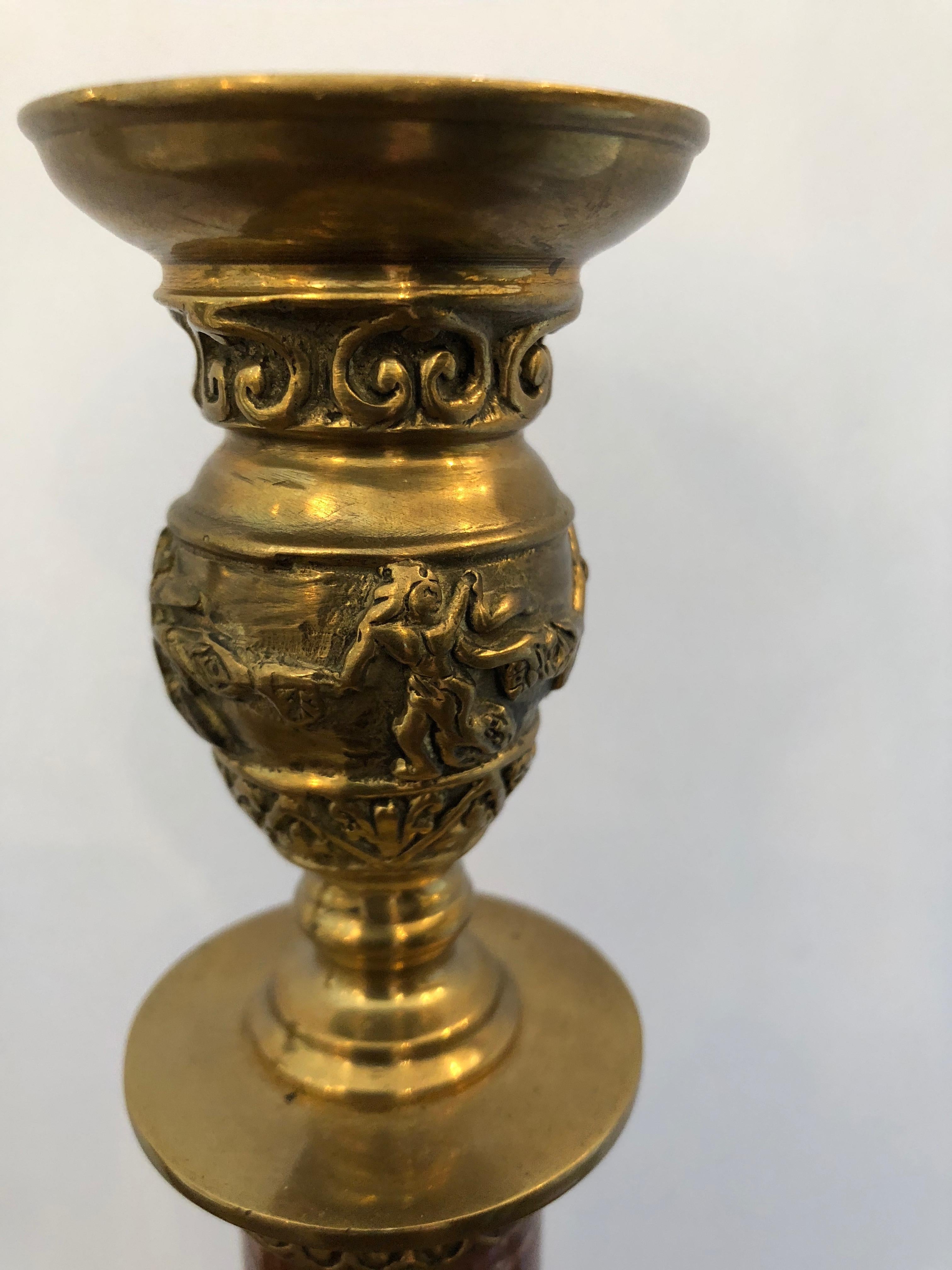 American Set of Beautiful Rouge Marble and Brass Candlesticks