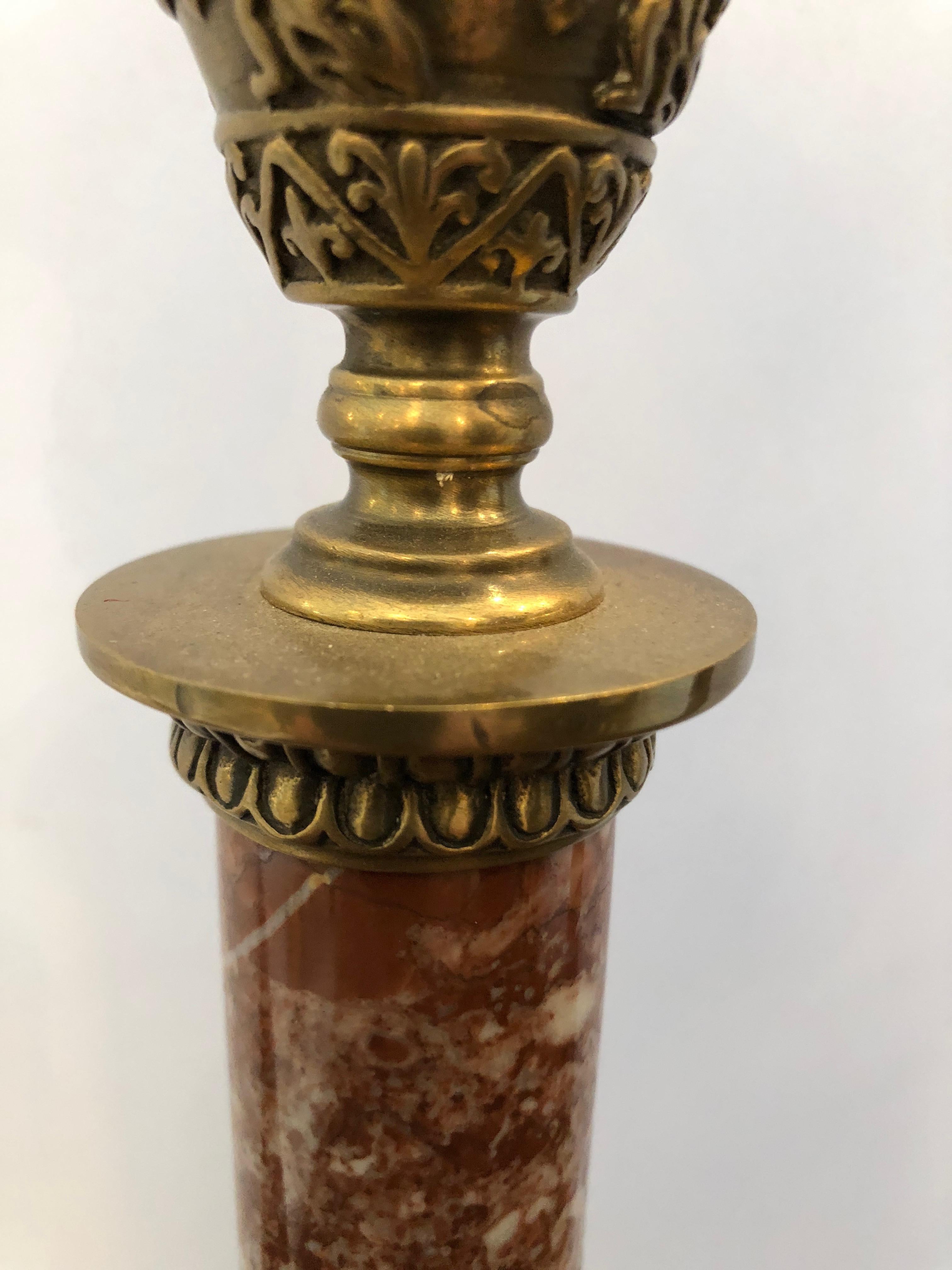 Set of Beautiful Rouge Marble and Brass Candlesticks 1