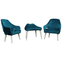 Set of Bedroom Armchairs the 1950s Italian Design Green Velvet Feet Lacquered