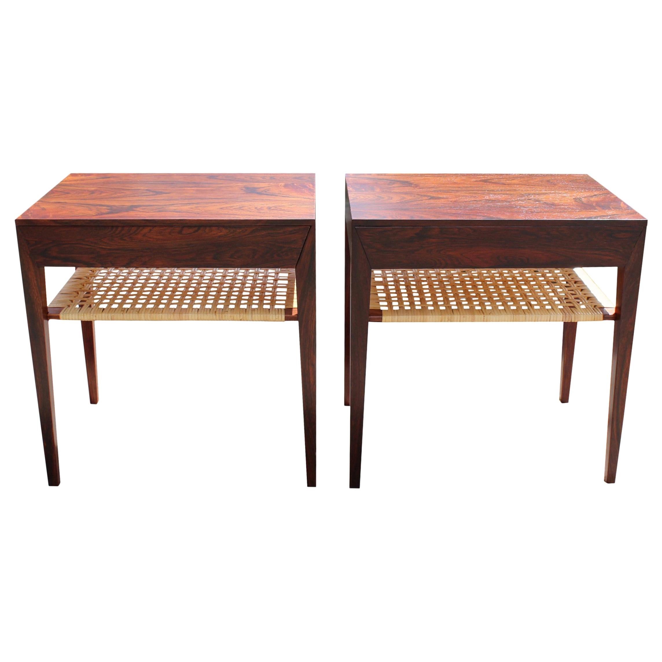 Set of Bedside Tables in Rosewood and Papercord Shelf by Severin Hansen, 1960s