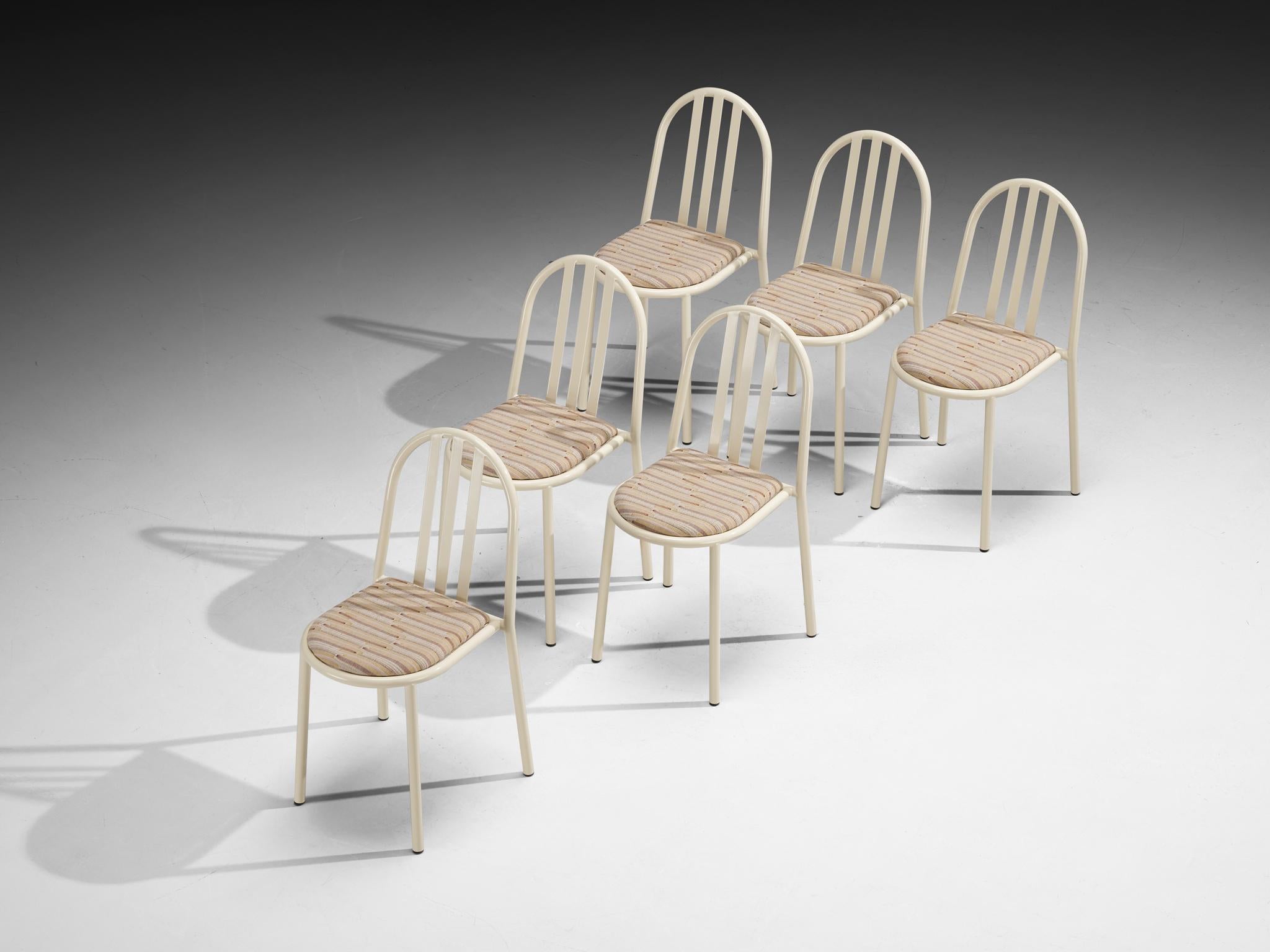 Robert Mallet Stevens for Stevens designs, dining chairs, lacquered metal, fabric, France, design 1928, production later

Admirable set of beige lacquered tubular chairs with neutral decorative seats, designed by one of the masters of the Modern