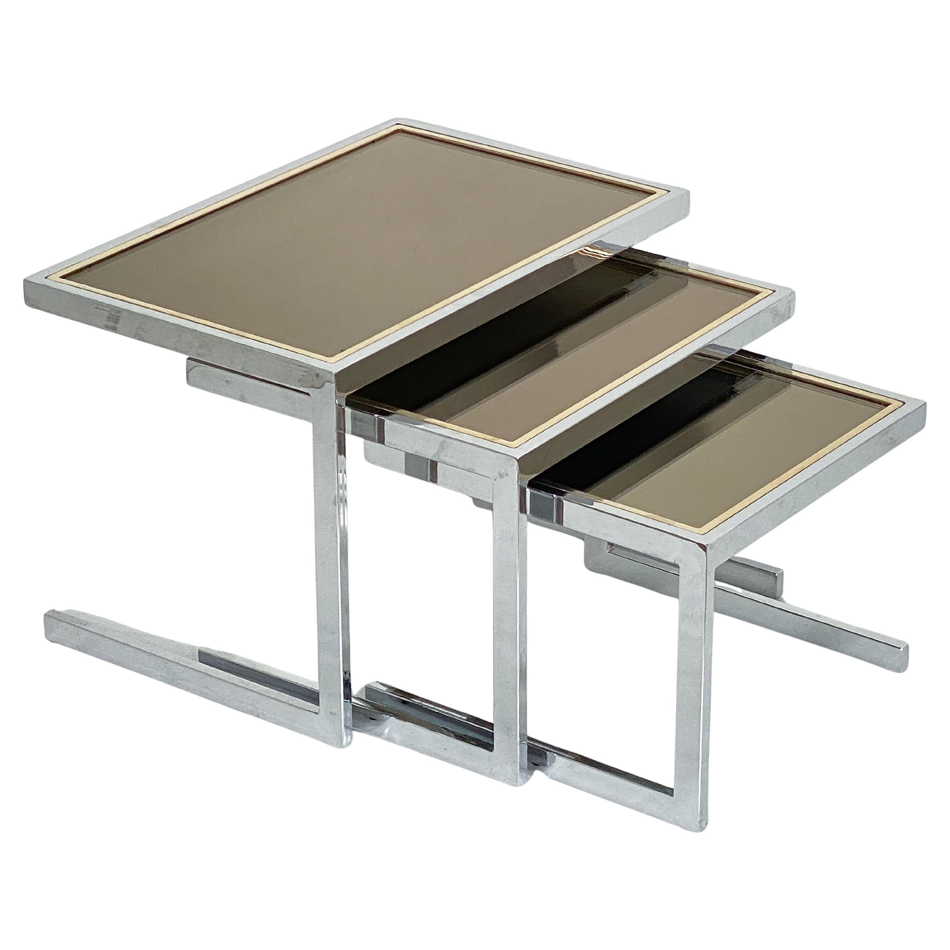 Set of Belgo Chrom Stacking or Nesting Tables of Chrome and Brass from Belgium