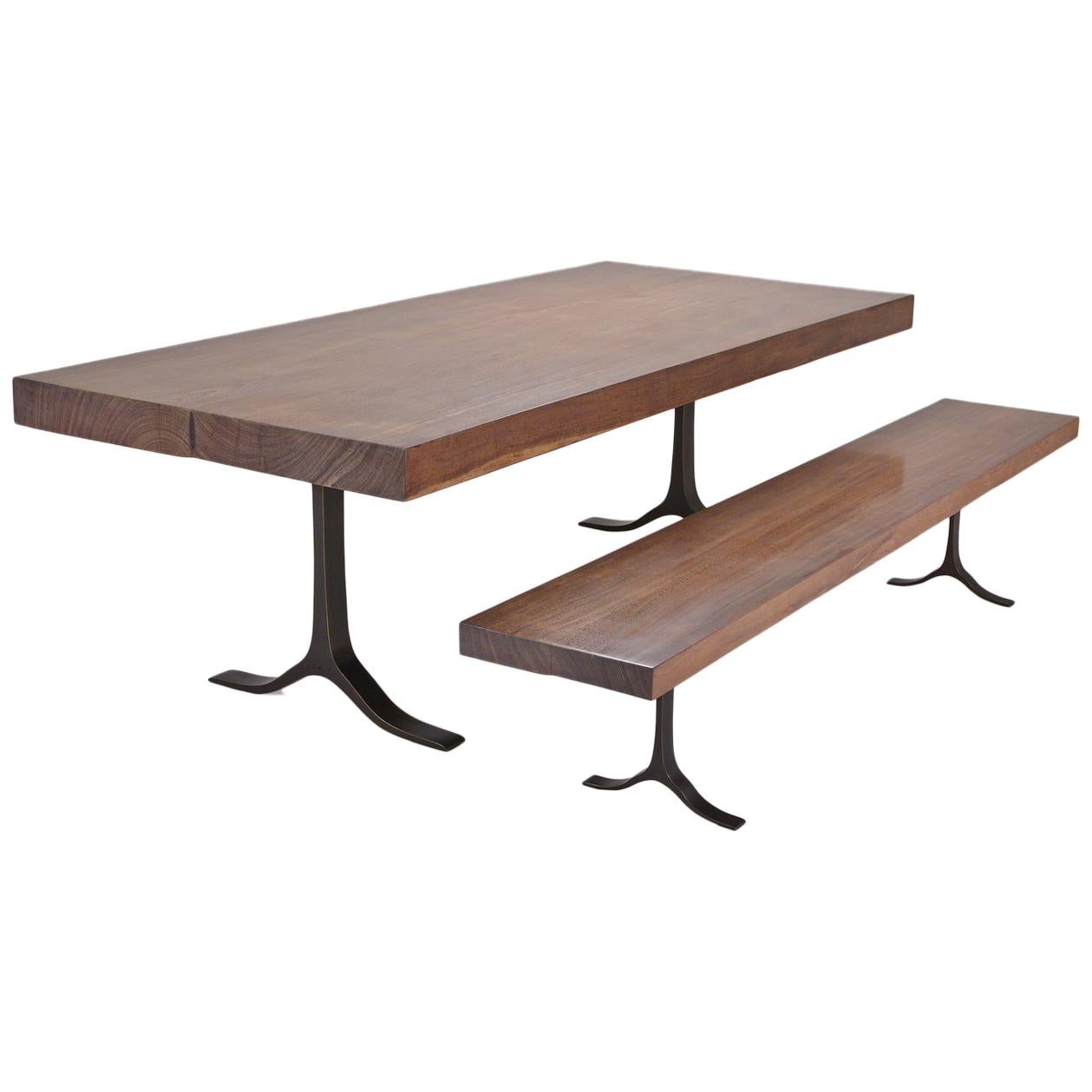 Set of Bespoke Two Joint Slabs Antique Reclaimed Hardwood, Dining Table & Bench For Sale