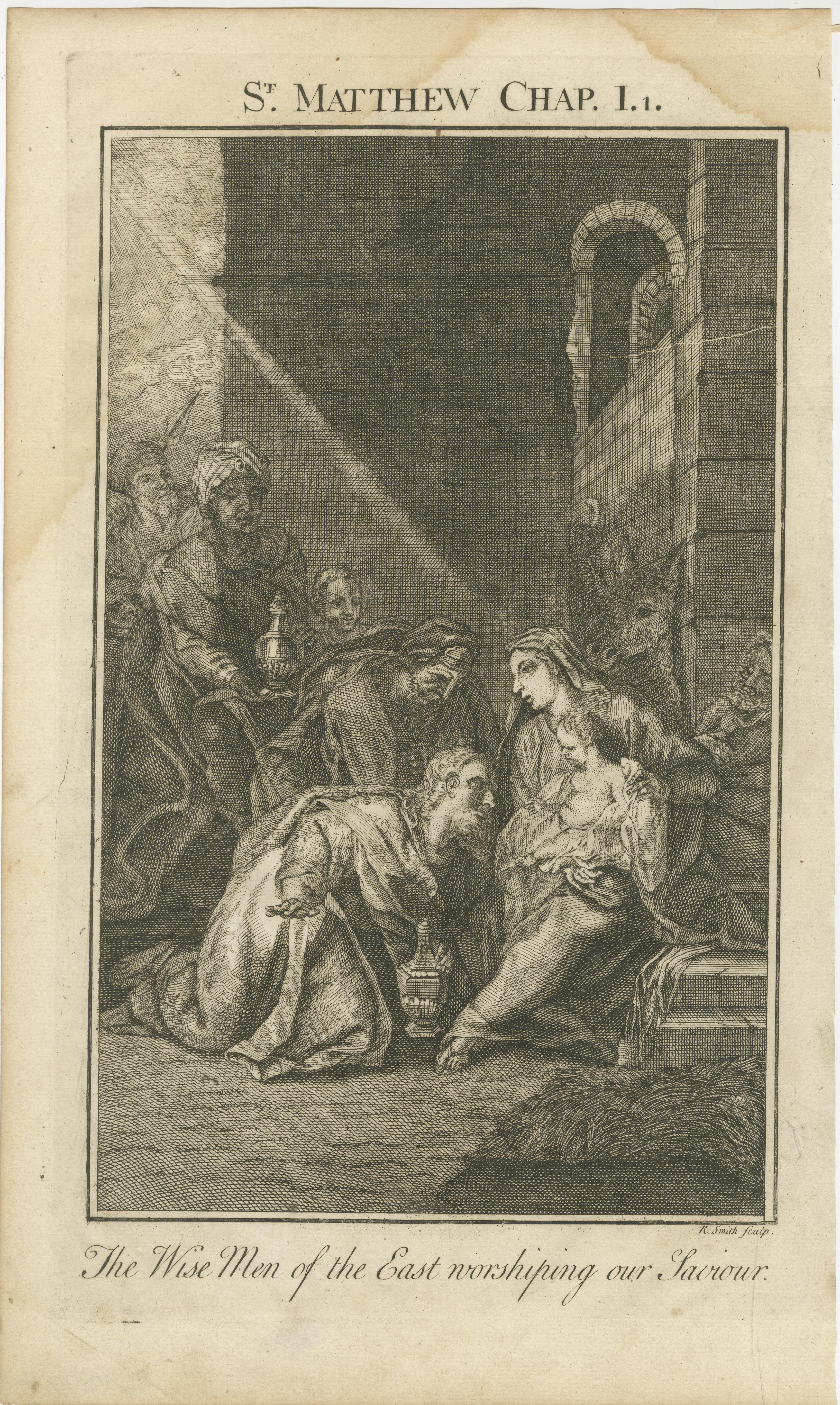 Satz von 3 biblischen Stichen - Anbetung, Flucht nach Ägypten und die Taufe Christi (1735)

Dieser raffinierte Satz von drei antiken Stichen, der 1735 veröffentlicht wurde, lässt grundlegende Ereignisse aus dem frühen Leben und Wirken Christi