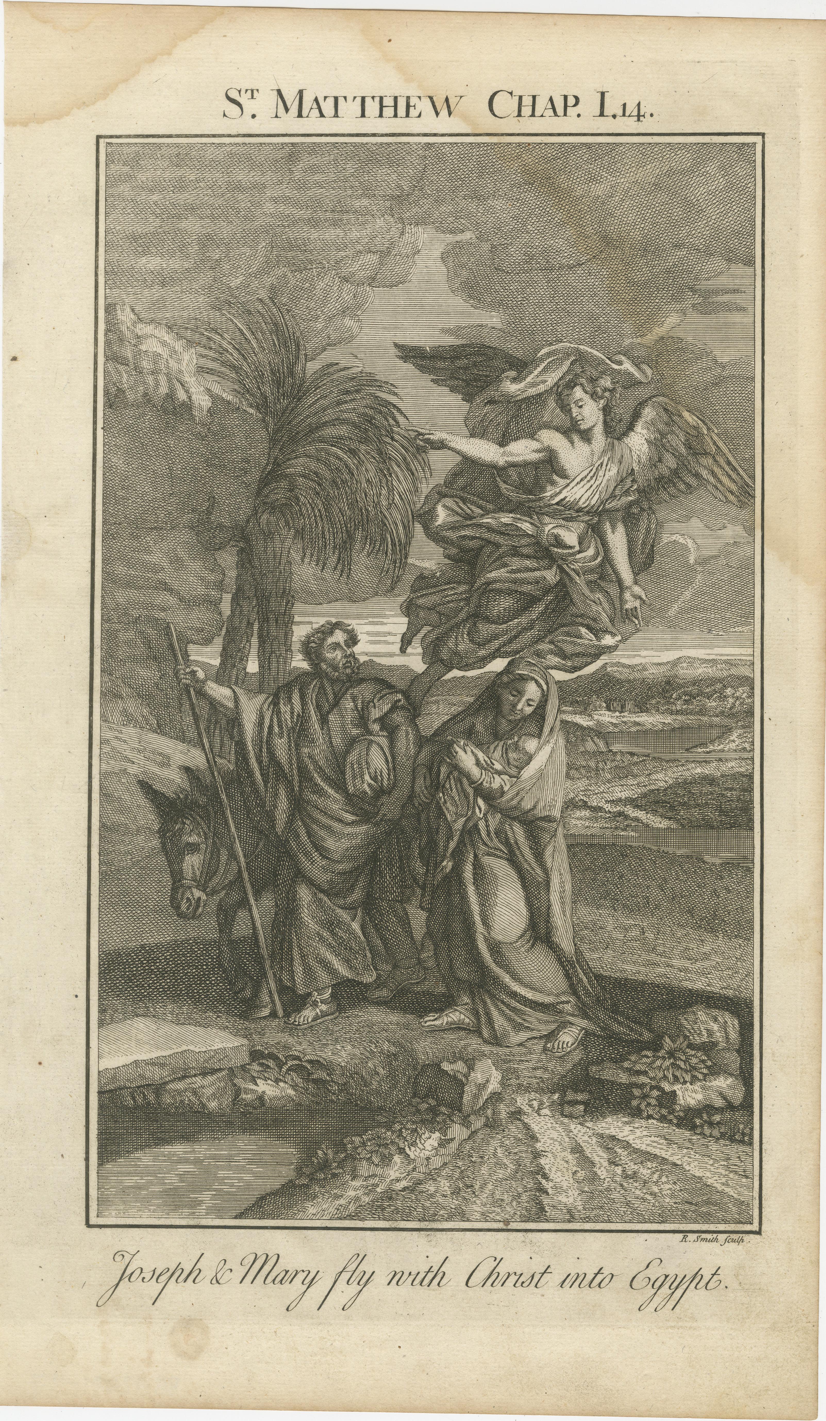 Biblischer Kupferstichsatz - Anbetung, Flucht nach Ägypten und Taufe Christi, 1735 (Englisch) im Angebot