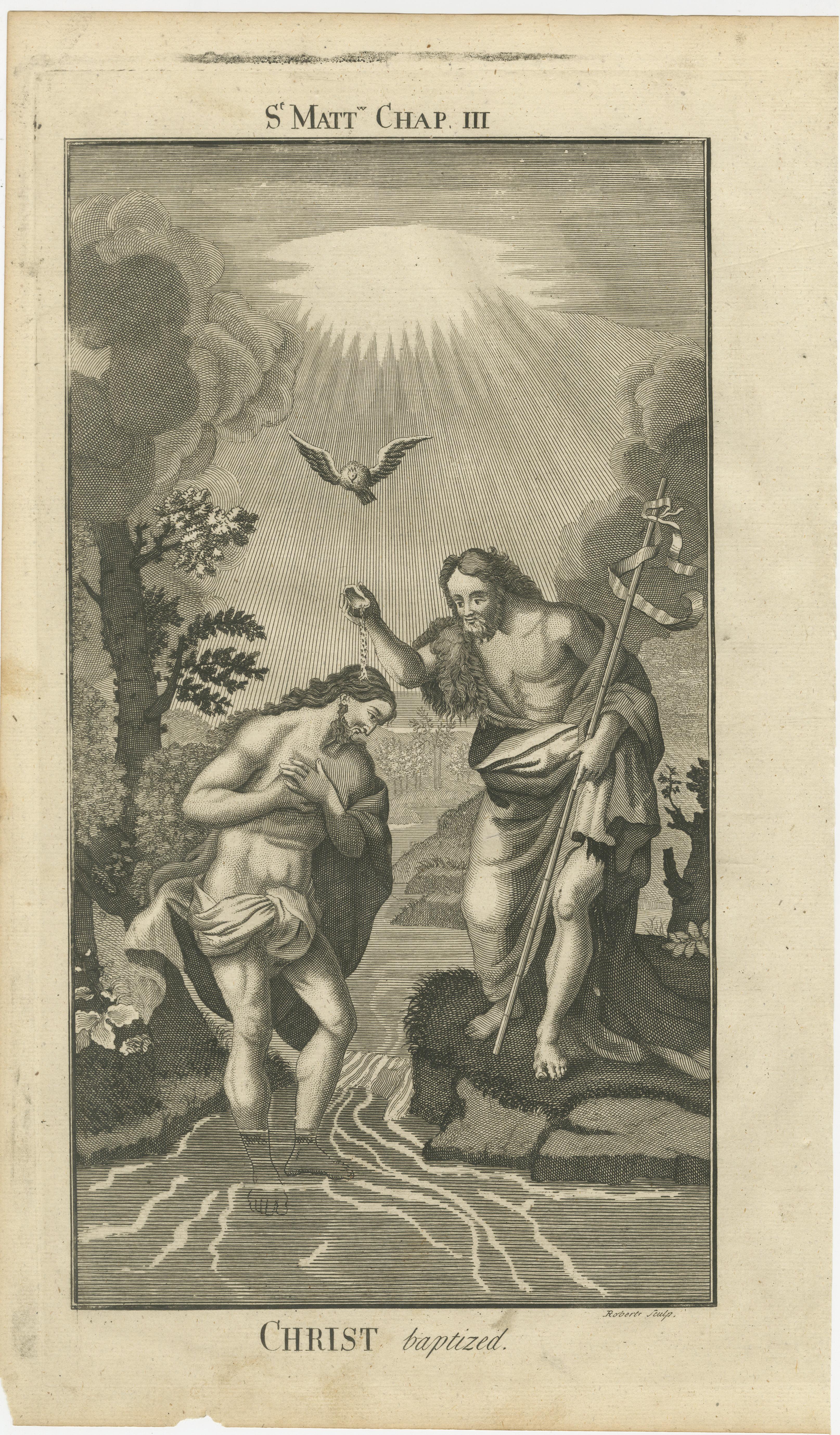 Biblischer Kupferstichsatz - Anbetung, Flucht nach Ägypten und Taufe Christi, 1735 (Graviert) im Angebot