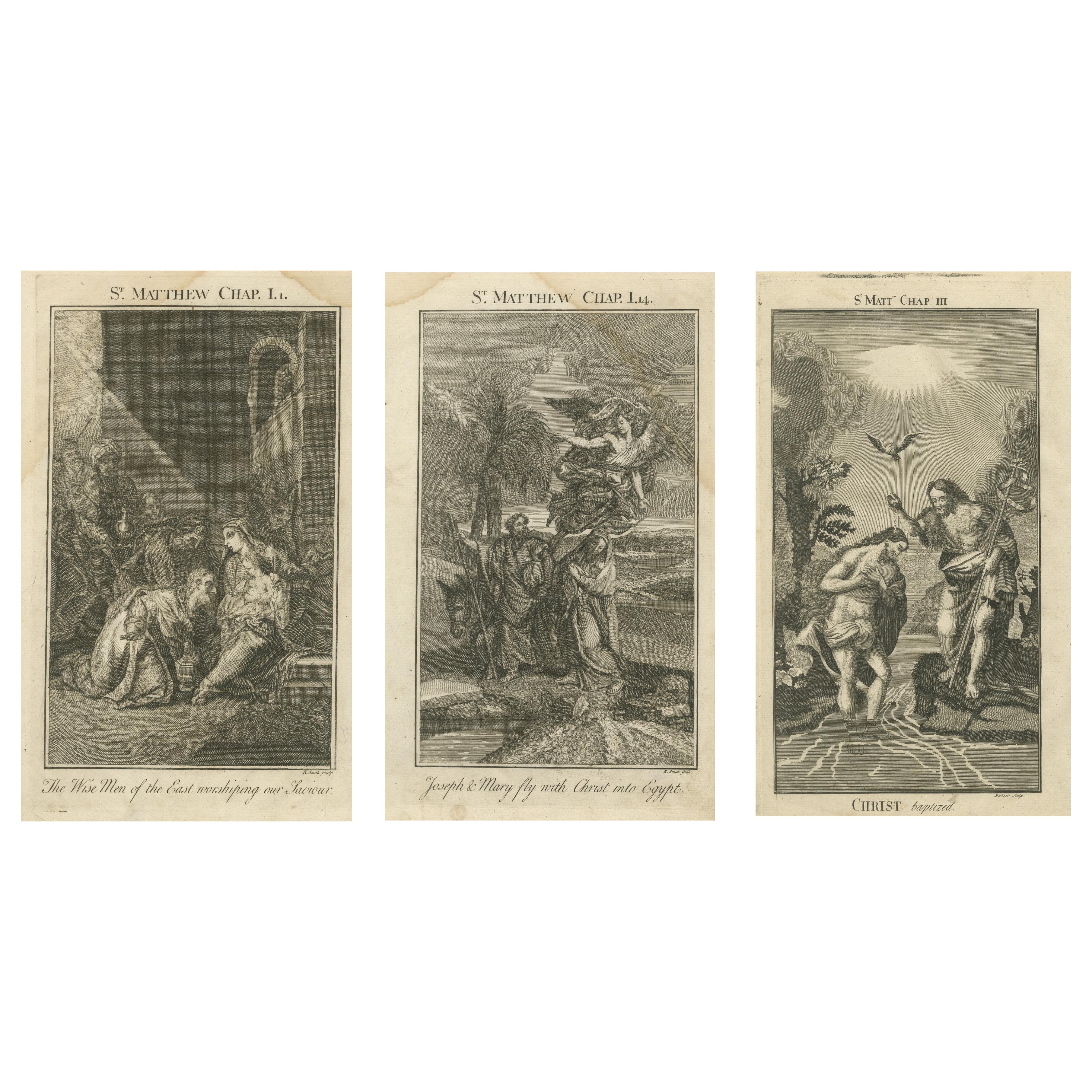 Biblischer Kupferstichsatz - Anbetung, Flucht nach Ägypten und Taufe Christi, 1735 im Angebot