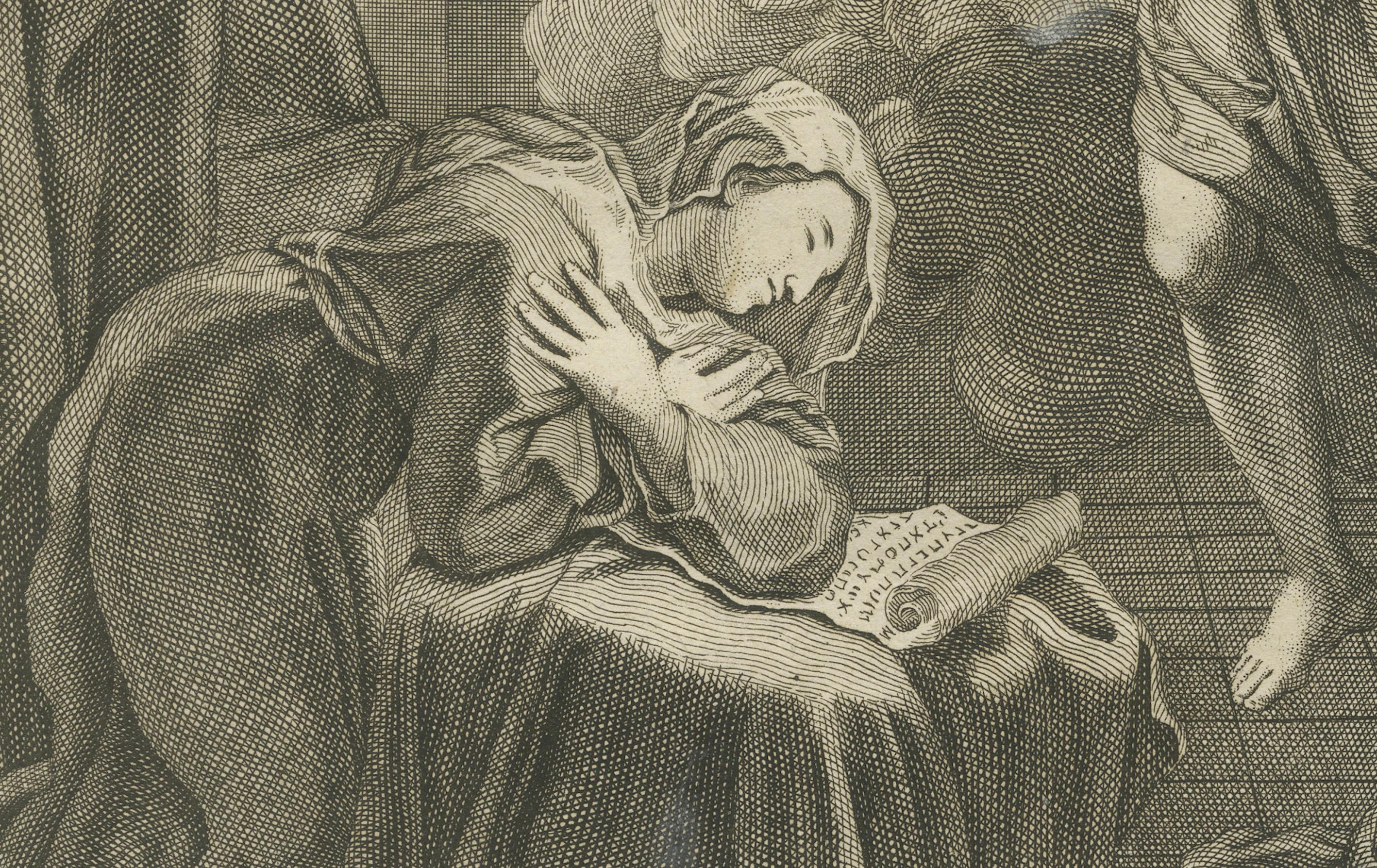Satz biblischer Stiche - Geburt Christi, Lukas der Evangelist und Verkündigung, um 1735 im Zustand „Gut“ im Angebot in Langweer, NL
