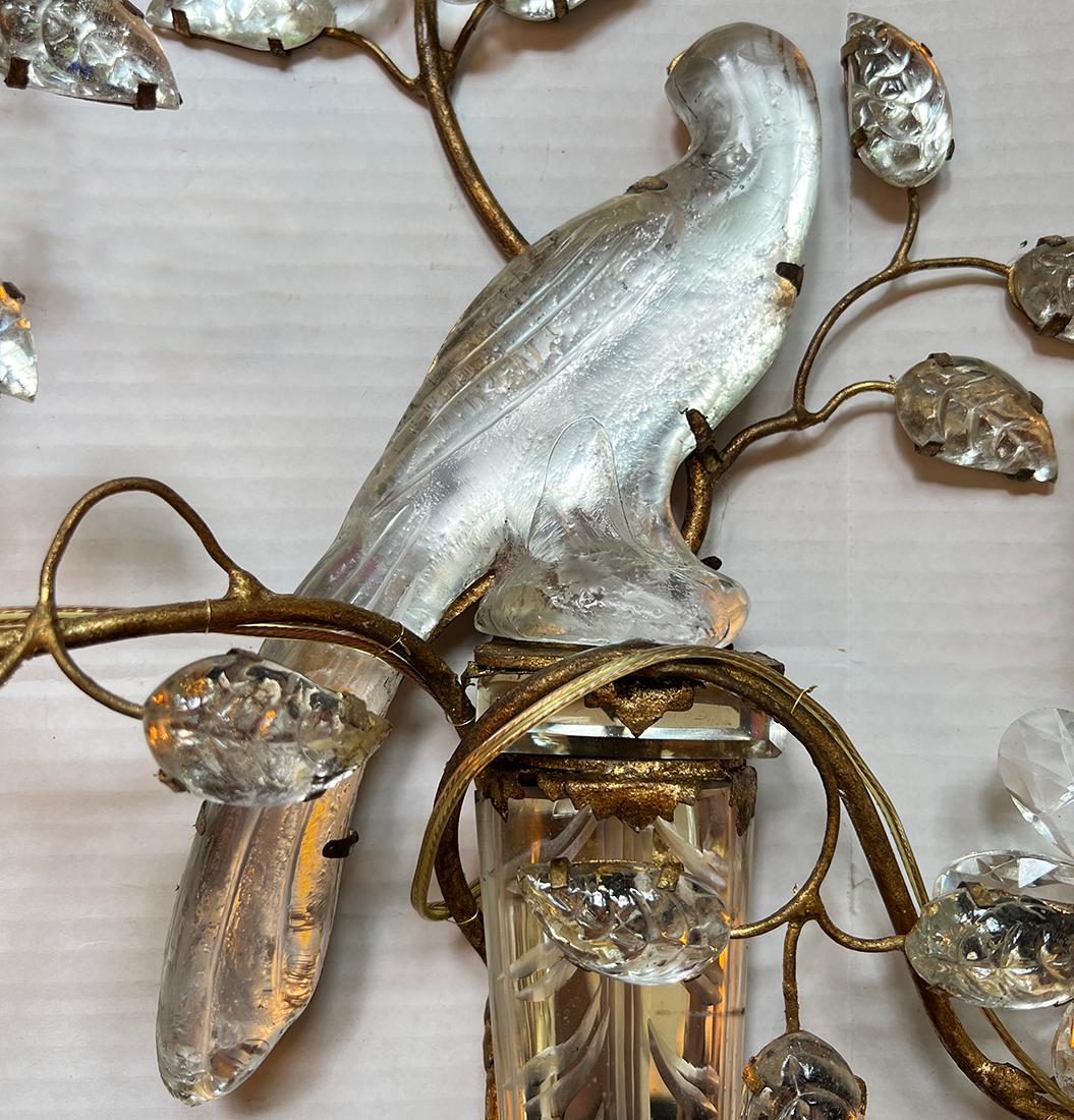 French Set of Bird Sconces with Molded Glass Leaves, Sold in Pairs For Sale