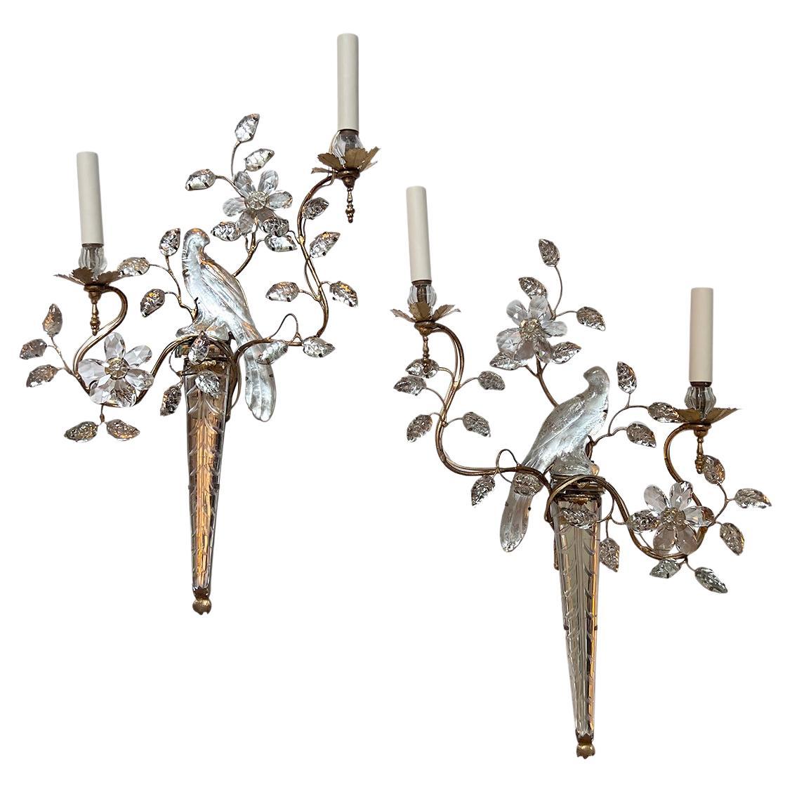 Set of Bird Sconces with Molded Glass Leaves, Sold in Pairs For Sale