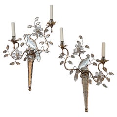 Set of Bird Sconces with Molded Glass Leaves, Sold in Pairs