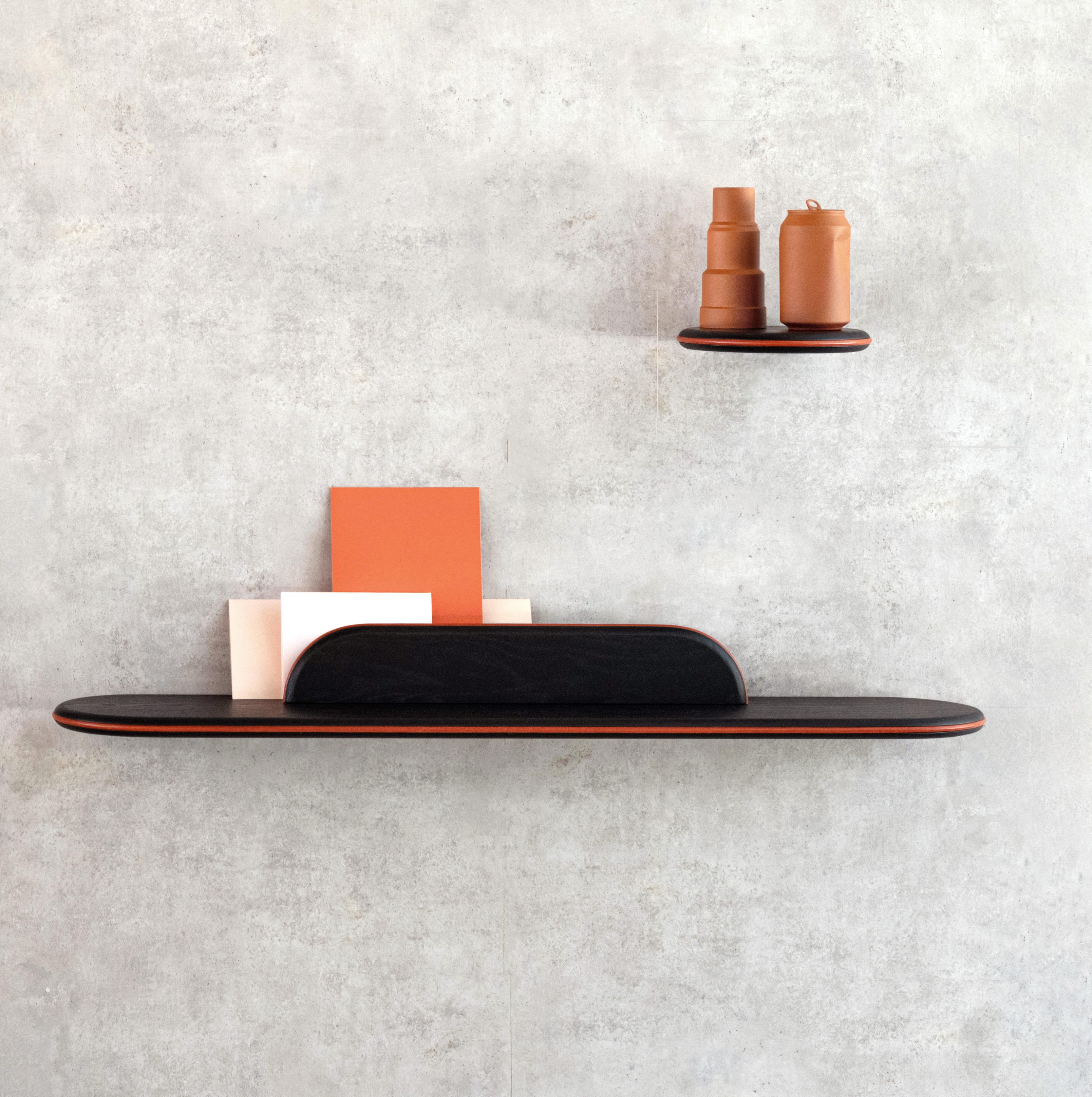 Set of Black Ash and Orange Leather WALY Shelves by Mademoiselle Jo In New Condition For Sale In Geneve, CH