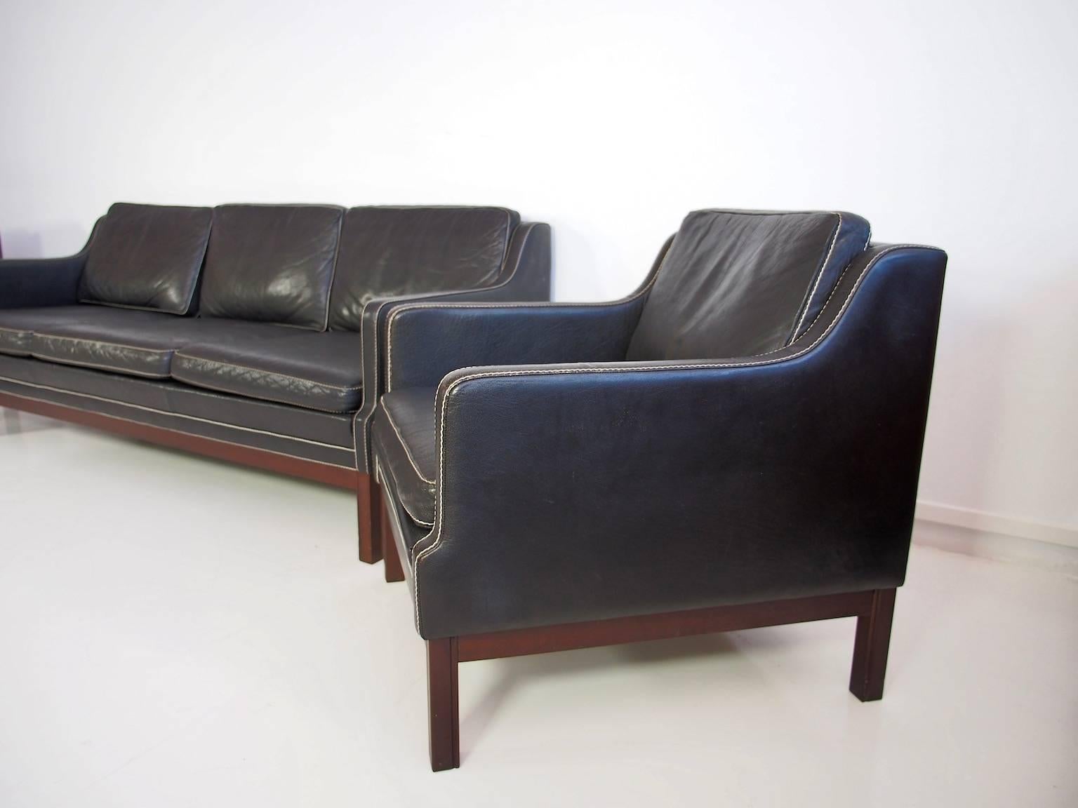 Mid-Century Modern Set of Black Buffalo Leather Sofa and Two Armchairs