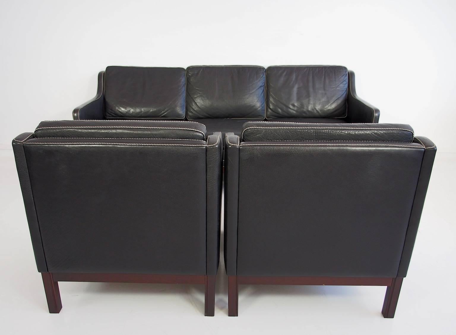 Danish Set of Black Buffalo Leather Sofa and Two Armchairs