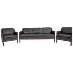 Set of Black Buffalo Leather Sofa and Two Armchairs