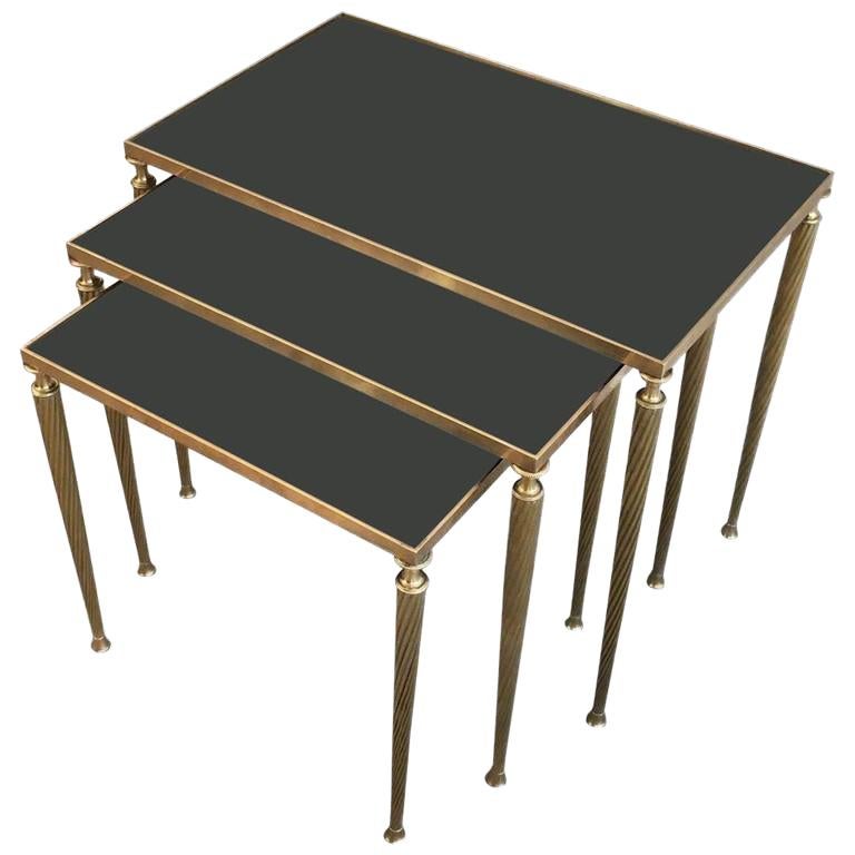  Set of 3 French Black Glass and Brass Nesting Tables   For Sale