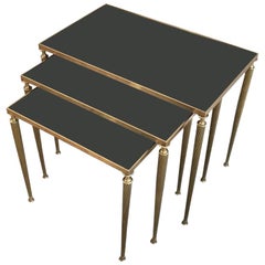  Set of 3 French Black Glass and Brass Nesting Tables  